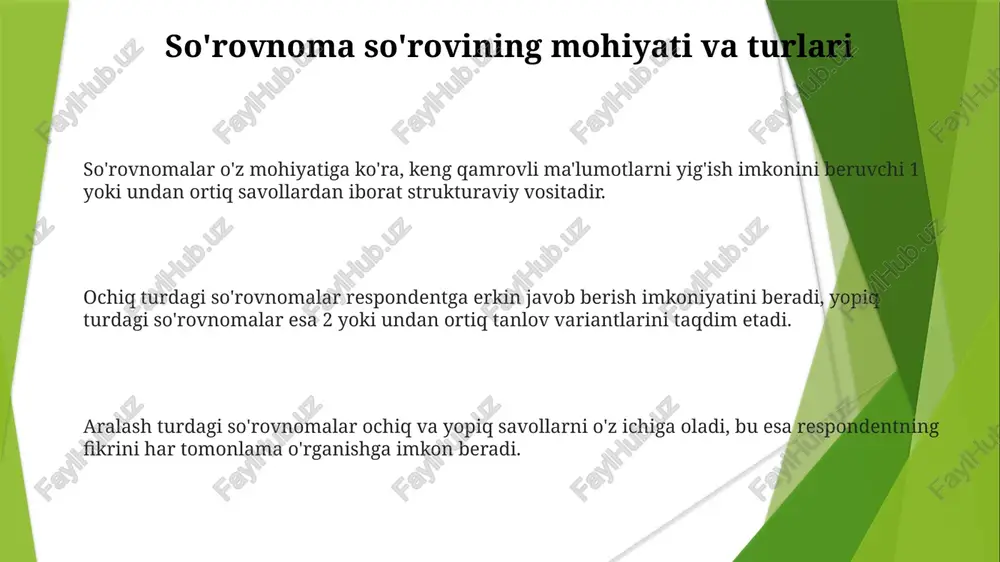 narxda yig'ish imkoniyati, bu esa keng qamrovli tahlilga imkon beradi. kamchiliklariga respondentlarning javob berishdan bosh tortishi yoki noto'g'ri ma'lumot berishi kiradi, bu esa 30% dan ortiq so'rovnomalar yaroqsiz bo'lishiga olib kelishi mumkin. amaliy misol sifatida, bozor tadqiqotida 5000 ta iste'molchidan yangi mahsulotning qoniqarlilik darajasi 7 ballik shkala bo'yicha baholanishi so'ralishi mumkin. e'tiboringiz uchun rahmat