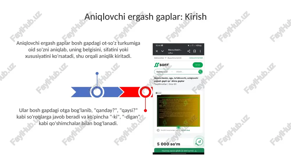h gaplarga doir mashqlar aniqlovchi ergash gaplarga doir mashqlar 1-shakli, asosiy gapdagi otni aniqlaydigan ergash gaplarni topishga qaratilgan 2 ta vazifani o'z ichiga olishi mumkin. 3-mashq, qaysi gap aniqlovchi ergash gap ekanligini tushuntirishni talab qiladi, shu bilan o'quvchilarning 4 asosiy elementni tushunishini mustahkamlaydi. xulosa xulosa shuni ko'rsatadiki, aniqlovchi ergash gaplar bosh gapdagi otni aniqlaydi, ularning ma'nosini chegaralaydi yoki aniqroq qiladi, bu esa 1-darajali sintaktik bog'liqlikni namoyon etadi. aniqlovchi ergash gaplarining xulosasi, ularning tuzilishi, asosan, bog'lovchi vositalar (masalan, 'qaysiki', 'kimki') orqali bosh gapga bog'lanishini va 2 xil ma'noni aniqlashini ta'kidlaydi. e'tiboringiz uchun rahmat image3.jpg image4.jpg image5.jpg image6.jpg image7.jpg image1.jpeg image2.jpeg