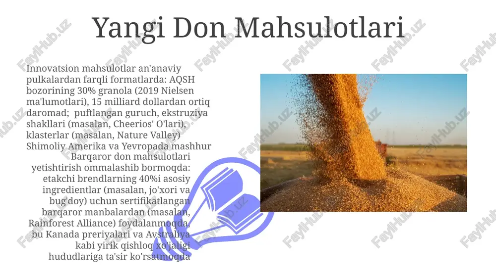 oy (2022 yilda global miqyosda 190 million tonna), guruch (500 million tonna) va makkajo'xori (1200 million tonna) yetishtirilishi katta ta'sir ko'rsatadi donli mahsulotlar tarixi 20-asr marketing yangiliklari (masalan, multfilm qahramonlari, reklama kampaniyalari) don mahsulotlarining ommabopligini oshirdi. cheerios, rice krispies va corn flakes kabi brendlar uy nomiga aylandi va butun dunyo bo'ylab nonushta odatlariga sezilarli ta'sir ko'rsatdi. global kengayish 20 va 21-asrlarda davom etdi. 19-asr sanoat inqilobi don mahsulotlari yetishtirishni jadallashtirdi, aqsh va yevropaga katta taʼsir koʻrsatdi. kellogg’s (battle creek, michigan, 1894) va post (battle creek, 1895) tayyor isteʼmolga moʻljallangan don mahsulotlarini ishlab chiqarishda peshqadam boʻlib, nonushta va jahon oziq-ovqat bozorlarini oʻzgartirdilar donli mahsulotlar iste'molining tendentsiyalari 01 02 2022-yilda buyuk britaniyada nonushta don mahsulotlari savdosi 2,3 milliard funt sterlingga yetdi. suli va granola 15% o'sdi, bu makkajo'xori po'choqlari o'sishining (5%) ko'p. supermarketlarning o'z brendlari 30% bozor ulushini egallab, kellogg's va nestle kompaniyalarining mintaqadagi daromadlariga ta'sir ko'rsatdi. shakar miqdori (sso tavsiyalariga ko'ra …