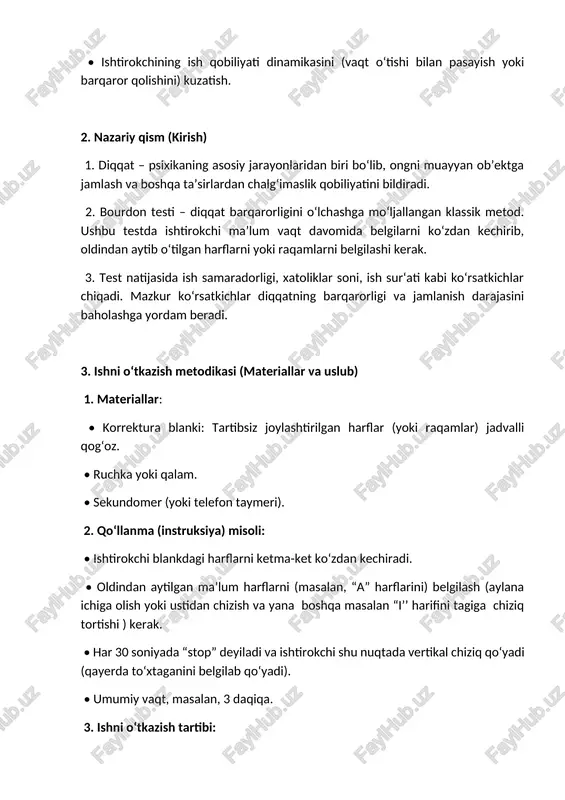 juda pastamaliy qism: 1. ishtirokchi: 20 yosh, ulfatova. a, talaba 2. vaqt: 3 daqiqa.(180 soniya) 3. ko‘zdan kechirilgan belgilar: (s) 651 ta. 4. xatolik(n)- 15 ta. natija tahlili: • 780 510 → ish sur‘ati me’yordan yuqori. ammo xatolik me’yori 5 tadan kam bo‘lishi kerak, lekin 15 ta xatolik mavjud: • 15 > 5 → diqqatni jamlash me’yordan ancha past. xulosa 1. ish sur‘ati (651 belgi / 3 daqiqa) me’yordan yuqori, ya’ni talabada tez ko‘zdan kechirish qobiliyati mavjud. 2. xatoliklar soni (15 ta) me’yorda ko‘zda tutilgan 5 tadan uch baravar ortiq, bu diqqat jamlanishining sust ekanini ko‘rsatadi. 3. umumiy baho: tez, ammo xatolik ko‘p. demak, diqqat barqarorligi “tez, lekin aniqlik past” tipida. natijada diqqatni jamlash ustida ishlash, xatolikni kamaytirish bo‘yicha mashqlar tavsiya etiladi. labaratoriya 6-2 1. ish mavzusi “münsterberg testi yordamida diqqatni tanlab qaratish (selektiv e’tibor) va o‘qish tezligini baholash.” 2. maqsad • diqqatni tanlab qaratish (selektiv diqqat) darajasini o‘rganish. • …