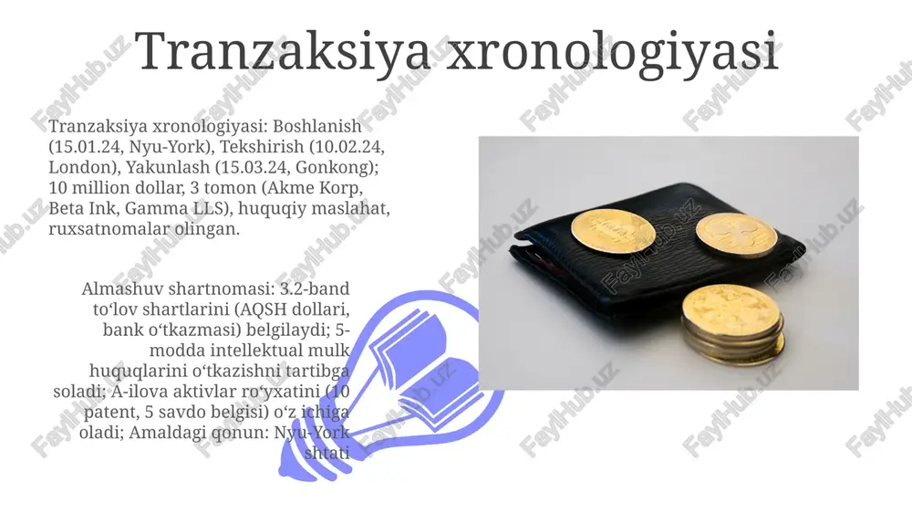asalan, filadelfiya, pensilvaniya shtatidagi eski binolardagi qo'rg'oshinli bo'yoq) majburiyatlarga ega bo'lib, bu mahalliy 12345-sonli qarorga muvofiqlikka ta'sir qiladi. buzilish 17 baholash metodologiyasi valyuta almashinu ta'rifi kompaniya a (nyu-york) va kompaniya b (london) o'rtasida 300,000 ta aktsiya ($15/aktsiya) almashinuvi to'g'risida 2024-yil 15-martda amalga oshiriladigan, nyu-york qonunchiligiga bo'ysunadigan va london arbitrajida nizolarni hal qilish bandlarini o'z ichiga olgan, huquqiy jihatdan majburiy shartnoma tuzilgan. normativ talablarga muvofiqlik 01 02 tarmoqlararo moliyaviy operatsiyalar uchun (masalan, dodd-frank akti, gdpr, mifid ii) qonunlarga rioya qilish, kuchli ichki nazorat va auditlarni talab qiladi. komplians xodimlari 17a-4(f), kyc/aml qoidalariga (ye va aqsh kabi hududlarda) rioya etilishini ta'minlaydi. bitim shartnomalari (masalan, cme group va eurex o'rtasidagi shartnomalar) savdo shartlari, kliring mexanizmlari, ma'lumot almashish protokollari va nizolarni hal qilishni batafsil bayon qiladi sales 1st qtr 2nd qtr 100 0 sales 1st qtr 2nd qtr 100 0 e'tiboringiz uchun rahmat @taqdimot_robot image4.jpg image5.jpg image6.jpg image7.jpg image8.jpg image9.jpg image10.jpg image11.jpg image12.jpg image13.jpg …