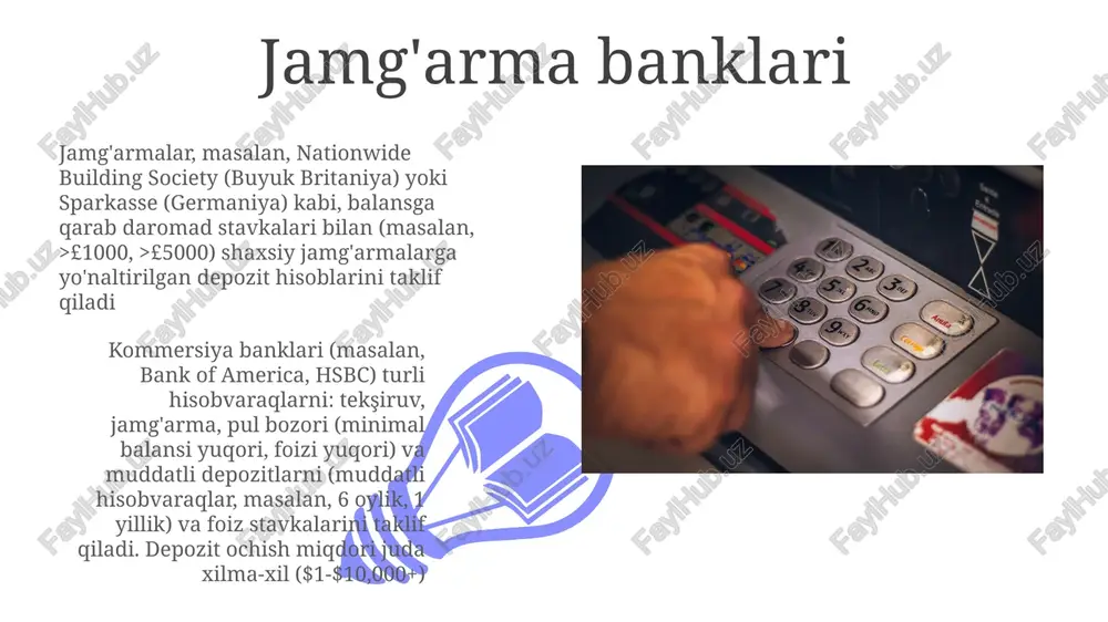 lan, 1000-2500$) jamg'arma hisobvaraqlariga qaraganda ko'proq foiz beradi banklardagi (masalan, bank of america yoki chase) jamg'arma hisob raqamlari (daftarcha yoki bayonnoma hisob raqamlari) ochish uchun minimal depozit talab qiladi (masalan, $25-$100). foyda stavkasi balans va muddatga qarab o'zgaradi (masalan, 0.01%-0.1% apy) foiz stavkalari va yillik foiz daromadi 01 02 foiz stavkalari (masalan, asosiy foiz stavkasi, federal mablag'lar stavkasi) jamg'armalar, hisobvaraqlar (masalan, bank of america, wells fargo banklaridagi hisobvaraqlar) va pul bozori hisobvaraqlari (mmh)dagi yillik foyda foizini (apy) aniqlaydi va daromadga ta'sir qiladi. yuqori stavkalar yuqori apy beradi depozit hisobini ochish uchun ariza topshirish, shaxsni tasdiqlovchi hujjatlarni (haydovchilik guvohnomasi, ijtimoiy sug'urta raqami) taqdim etish va boshlang'ich depozit kiritish kerak. ba'zi hisoblarga to'lovlar (oylik xizmat ko'rsatish, kreditdan ortiqcha mablag' chiqarish) qo'llaniladi sales 1st qtr 2nd qtr 100 0 sales 1st qtr 2nd qtr 100 0 bank turlari uy-joy ipotekalariga ixtisoslashgan tejash va kredit birlashmalari (masalan, navy federal credit union, davlat tomonidan litsenziyalangan …