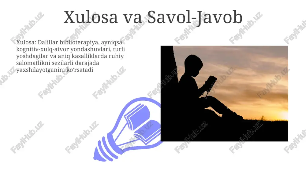va malakadorlikni (tegishli davlat litsenziya kengashlari, masalan, kaliforniya bbs) talab qiladi tarixiy ma'lumot 01 02 qadimgi amaliyotlardan (masalan, ezop masallari) tortib, turli sohalardagi (masalan, bolalar psixologiyasi, onkologiya) zamonaviy qo'llanmalarigacha biblioterapiya rivojlandi; karl yung va erich fromm kabi taniqli shaxslar mif va hikoyaning terapevtik salohiyati bo'yicha fikrlarni bildirishdi biblioterapiya tarixi qadimgi gretsiyaga (miloddan avvalgi iv asr) va misrga (papirus qo'lyozmalariga) borib taqaladi, unda psixologik davolash uchun hikoyalardan foydalanilgan; 19-asr muassasalari kasalxonalarda va ruhoniy shifoxonalarda (masalan, aqshda diksning islohotlari) rasmiy qo'llanilishini ko'rdi sales 1st qtr 2nd qtr 100 0 sales 1st qtr 2nd qtr 100 0 e'tiboringiz uchun rahmat @taqdimot_robot image4.jpg image5.jpg image6.jpg image7.jpg image8.jpg image9.jpg image10.jpg image11.jpg image12.jpg image13.jpg image14.jpg image1.jpeg image2.jpeg image3.jpeg