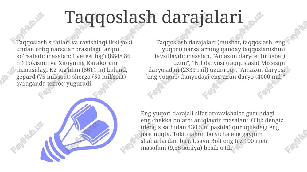 ko'rsatadi; eng yuqori darajadagi sifatlar (eng kattasi, eng kichigi, eng tezkor) guruh ichida eng yuqorisini aniqlaydi eng yuqori darajali ta'riflar chegarasini aniqlashdan foyda ko'radi. "dunyoning eng baland binosi" "eng baland bino"dan aniqroq. kontekst tafsilotlari ta'rifni yanada aniqlashtiradi: burj xalifa (828 metr) taypey 101 (509 metr) dan taxminan 319 metrga yuqori bo'lib, dunyodagi eng baland bino hisoblanadi taqqoslashni aniqlashtirish aniqlikni oshiradi. masalan, "sezilarli darajada katta" yoki "sezilarli darajada tezroq" shunchaki "katta" yoki "tezroq" deganlardan ko'proq ma'lumot beradi noto'g'ri taqqoslashlar ravishdoshlar ham noto'g'ri taqqoslashni ko'rsatadi (masalan, yaxshi, yaxshiroq, eng yaxshi; yomon, yomonroq, eng yomon); taqqoslovchi ravishdoshlar harakat darajasini tasvirlaydi (masalan, u tezroq yugurdi); eng yuqori darajali ravishdoshlar eng yuqori darajani bildiradi (masalan, u nyu-york shahri, karnegi zalida eng chiroyli kuyladi) taqqoslash sifatlari (balandroq, kichikroq, tezroq) ikki narsa orasidagi farqni ko'rsatadi; eng yuqori sifatlar (eng baland, eng kichik, eng tez) uchta yoki undan ortiq narsalar orasida eng yuqori darajani bildiradi. tilga qarab grammatik …