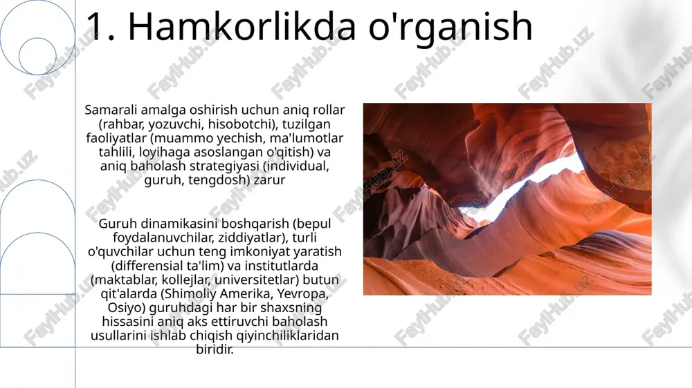 g yaxshilanishini ko'rsatib, pbl samaradorligini tasdiqlaydi 10. o'yin asosidagi o'rganish gbl samaradorligi o'yin dizayni sifati, o'quv maqsadlariga mosligi va o'qituvchining qo'llab-quvvatlashi darajasiga bog'liq 11.loyiha asosidagi o'qitish jahon miqyosida pbl qo'llanilishi turlicha, finlyandiya va singapur kabi talaba markazli o'qitishni ustuvor deb biladigan mamlakatlarda yuqori 12.baholash orqali o'rganish samarali afl joriy qilish uchun o'qituvchilarni kamida 40 soatlik, savol berish strategiyasi (blum taksonomiyasi) va baholash mezonlarini ishlab chiqish kabi aniq baholash texnikalariga qaratilgan trening kerak o'quv uchun baholash (afl) global miqyosda k-12 sinflarida ta'limni tubdan tuzadi, london maktablaridagi matematika va kaliforniya davlat maktablaridagi fan kabi turli fanlardan o'quvchilarning yutuqlariga ta'sir qiladi 13.teskari sinf o'quvchilarni baholashda darsdan oldin testlar (5-10 ta tayinlangan materiallar bo'yicha savol), darsdagi faollik (yakuniy bahoning 10%), va hamkorlikdagi loyihalar (bahoning 30%) qo'llaniladi oksford universitetida faol o'rganish, 4-6 talabadan iborat kichik guruhlardagi talabaga yo'naltirilgan muhokamalar va o'qituvchilardan shaxsiy fikr-mulohazalarga, stenford universitetida esa turli o'rganish uslublari va sur'atlarini hisobga olgan holda, bitta …