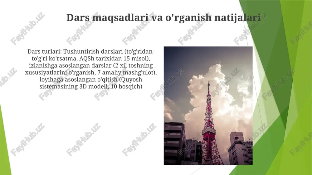 tma-ket bosqichlar, 5 bosqich), spiral (tushunchalarni qayta ko'rib chiqish, 3 tsikl), tematik (markaziy mavzu atrofida tashkil etish, 2 tarixiy misol) va muammoga asoslangan (muammo bilan boshlash, 4 bosqich). dars tuzilmasi 3 bosqichdan iborat: kirish (5-10 min.), asosiy qism (20-30 min., guruhlarda ishlash (4 talaba), mustaqil mashqlar (2 varaq), va o'qituvchi tushuntirishlari (15 min.) kabi turli xil faoliyatlarni o'z ichiga oladi) va yakunlash (5 min dars turlari: to'g'ridan-to'g'ri o'qitish to'g'ridan-to'g'ri yo'riqnoma: o'qituvchi markazida; aniq o'qitish; 30 daqiqalik segmentlar; men bajaramiz, biz bajaramiz, siz bajaramiz bosqichlari; turli xil materiallardan foydalanadi (masalan, darsliklar, videolar, ko'rgazmali qurollar); misollar: fonetika darslari (1-sinf), kvadrat tenglamalarni yechish (algebra 2), tarixiy ma'lumotlar (aqsh tarixi). deduktiv darslar: o'qituvchi qoidalar/tushunchalarni beradi; o'quvchilar misollarga qo'llaydi; farqlovchi ta'lim (bir necha darajalar); moslashuvchan vaqt; joylashuv: sinf xonalari, laboratoriyalar, onlayn platformalar; misollar: grammatika qoidalari (ingliz tili), geometrik isbotlar (geometriya), huquqiy presedentlar (huquq). differensiallashtirilgan dars rejasi dars turlari: to'g'ridan-to'g'ri ko'rsatma (kasrlar bo'yicha 45 daqiqalik tushunchalarni …