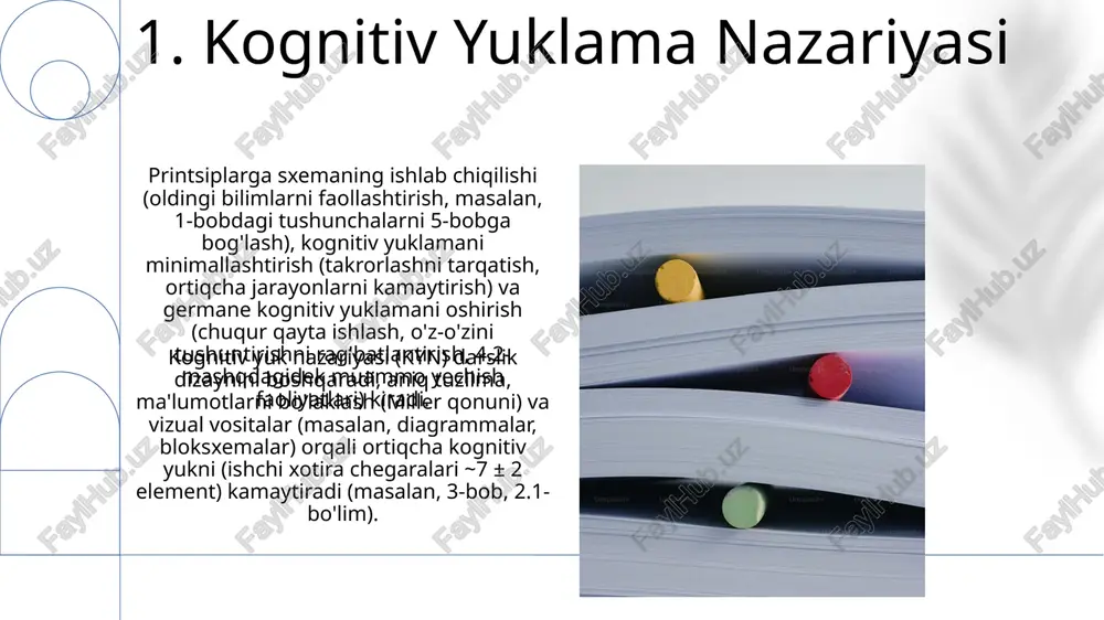 lash savollar; xulosa jadvallari; bilimni integratsiya qilish mashqlari; qaytarishli mashqlar; aralashtirish; blum taksonomiyasi; kognitiv shogirdlik; harvard universiteti matbaa dizayn prinsiplari. 9. qisqacha mazmun va sharh 250 betlik darslik turli o'quv uslublarini (vizual, audio, kinestetik) birlashtiradi. 45, 92, 150-betlardagi qisqa mazmunlar bilimni mustahkamlaydi. asosiy atamalar (masalan, 245-betdagi lug'at) ta'riflanib, tushunishni ta'minlash uchun takrorlanadi. haqiqiy hayot misollari (masalan, 5-bobdagi sog'liqni saqlash sohasidagi misollar) nazariyani amaliyot bilan bog'laydi. darslik tuzilishi mantiqiy ketma-ketlikka (masalan, xronologik, tematik) asoslangan 3-5 bobdan iborat bo'lib, har bir bob 2-4 raqamlangan qismga (masalan, 2.1, 2.2) bo'linadi. sarlavhalar, kichik sarlavhalar va ko'rgazmali vositalardan (masalan, 3-bob, 78-betdagi diagrammalar, sxemalar) samarali foydalanish tushunishni yaxshilaydi 10. oldindan tashkilotchilar samarali darslik tuzilmasi turli usullarni (masalan, taqqoslash jadvallari, tarix kitoblaridagi vaqt jadvallari, jarayonlarga yo'naltirilgan fanlardagi bloksxemalar) qo'llaydi. bu ko'rgazmali vositalar (masalan, anatomiya darsligidagi inson yuragi diagrammasi, geografiyadagi xaritalar) murakkab munosabatlar va tushunchalarni tushunishni osonlashtiradi oldindan tashkilotchilar (masalan, novak modelining kontsept xaritalari va ierarxik, tematik reja …