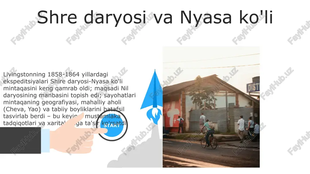 uchli charchoq va nihoyat, 1873 yilda zambiyadagi chitambo shahrida o'lim; uning tanasining susayishi oxirgi yutuqlariga sezilarli ta'sir ko'rsatdi. 1850-1860 yillar: og'ir kasalliklar ekspeditsiyalarni bir necha bor to'xtatdi; ngami ko'li, viktoriya sharsharasi tadqiqotlari kasallik tufayli uzildi; doimiy isitma va kuchsizlik shire tog'liklaridagi ishini sekinlatdi va hajmini qisqartirdi. livinstonning missionerlik faoliyati 1840-1873 yillarda yillik 1000 mildan ortiq masofani bosib o'tgan sayohatlari makololo, yao va tonga kabi ko'plab afrika qabilalari bilan aloqalarni o'z ichiga olgan shotlandiyalik missioner livingston 1841-yilda janubiy afrikaga yetib keldi, kuruman yaqinidagi tsvana xalqi orasida ish boshladi, bechuanaland (hozirgi botsvana) va undan tashqarida ko'plab missiya punktlarini tashkil etib, minglab odamlarga ta'sir ko'rsatdi yoshlik va ta'lim 1840: zambezi daryosi safari, janubiy-markaziy afrikani o'rganish; zambezi daryosining katta qismlarini, jumladan ngami ko'lini xaritaga tushirdi va bugungi botsvana, zimbabve va zambiyada bir nechta missiya punktlarini tashkil etdi. keng geografik ma'lumotlarni hujjatlashtirdi. 1813-yil 19-martda, shotlandiya, lanarkshir, blantyre shahrida tug'ilgan; glasgow universitetida teologi va tibbiyot o'qigan, …