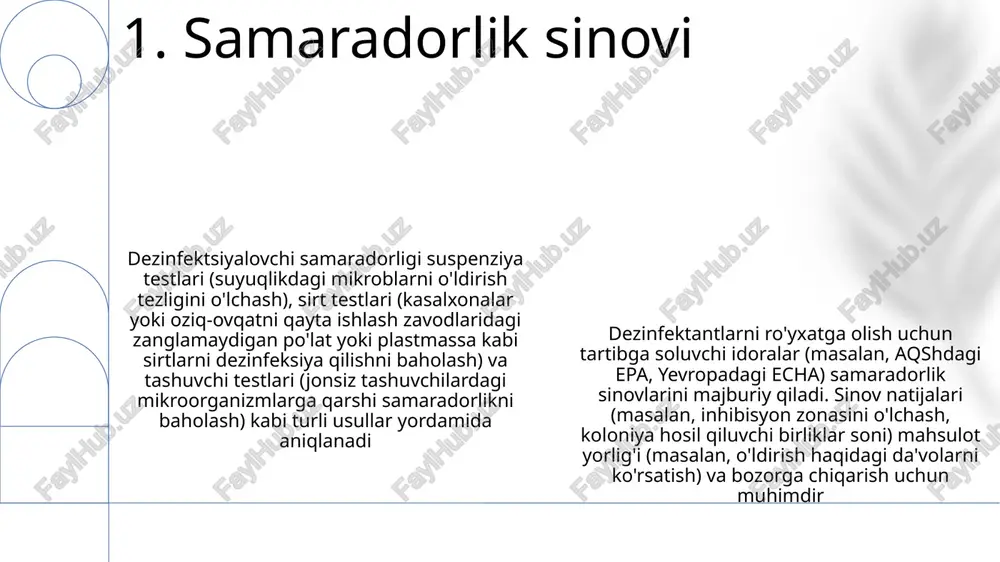 nfektsiyalash protokoli joriy etilgandan so'ng, kasalxonada yuqtirilgan infektsiyalar (kyi) 37% ga kamaydi. bu staphylococcus aureus va escherichia coli ga qarshi yo'naltirilgan bo'lib, dastlabki prognozlardan 12% yuqori natija berdi 5. holat tahlillari kvatlar (masalan, benzalkonium xloridi, tsetilpiridium xloridi) – hujayra membranalarini buzish orqali oqish va hujayra o'limini keltirib chiqaradigan kationli yuvuvchi vositalar. sog'liqni saqlash muassasalari, oziq-ovqat qayta ishlash zavodlari va uy sharoitidagi tozalovchi vositalarda qo'llaniladi 100-500 ppm aktiv xlorli xlorga asoslangan dezinfektsiyalovchi vositalar (masalan, natriy gipoxlorit, oqartgich) hujayra komponentlarini oksidlab, oqsillar va nuklein kislotalariga zarar yetkazadi. suv tozalashda (masalan, basseynlar, kanalizatsiya) va kasalxonalar, uylar (masalan, oshxona, hammom)da sirt dezinfeksiyasi uchun ishlatiladi spirtlar (masalan, etanol, izopropanol) 60% (h/h) dan yuqori konsentratsiyalarda oqsillarni denaturatsiya qiladi, hujayra membranalarini buzadi. bakteriyalar, ba'zi viruslar (qobiqli) va zamburug'larga qarshi samarali. mexanizmi lipid eruvchanligi va oqsil koagulyatsiyasi bilan bog'liq. keng spektrli ta'sirga ega, ammo sporalarga qarshi ta'siri cheklangan. 6. ta'sir mexanizmlari yevropa ittifoqining biotsid mahsulotlari to'g'risidagi nizomi (bpr) …