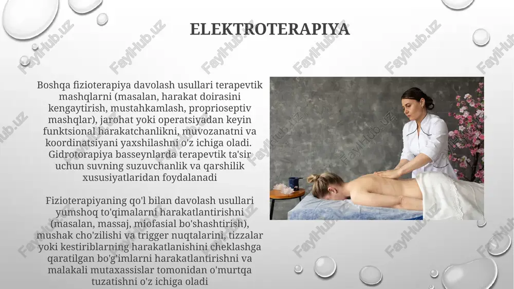 interferensiyal oqim (ifc), neyromuskulyar elektr stimulyatsiyasi (nmes). bel og'rig'i (l4-l5), rotator manjet shikastlanishlari va jarrohlikdan keyingi reabilitatsiya kabi holatlarni davolashda qo'llaniladi qo'l bilan davolash qo'l bilan davolash (manual terapiya) umurtqa pog'onasini, periferik bo'g'imlarni harakatlantirish, yuqori tezlikdagi manipulyatsiyalar, yumshoq to'qimalar massaji (miofasial bo'shashtirish, trigger nuqta terapiyasi) kabi qo'l bilan bajariladigan usullarni o'z ichiga oladi davolash mashqlari (30-60 daqiqali mashg'ulotlar) asosiy tarkibiy qism bo'lib, kuchaytirish dasturlarini (yuklar, rezina lentalar yordamida), moslashuvchanlik va muvozanat mashqlarini (tay chi, yoga) o'z ichiga oladi va ma'lum mushak guruhlariga (to'rtbosh, son orqa, qorin mushaklari) qaratiladi e'tiboringiz uchun rahmat @taqdimot_robot image3.png image4.jpg image5.jpg image6.jpg image7.jpg image8.jpg image9.jpg image10.jpg image1.png