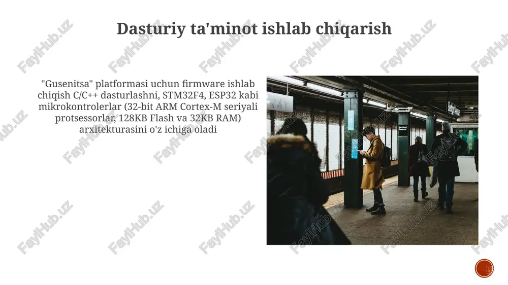 gusenitsa platformasini yig'ish: 2x 5v quvvat relslaridagi 3-pin jst konnektorining tekisligini tekshiring; shassaga 4 dona m3 vintni mahkamlang; 6-o'qli imuning atmega328p mikrokontroler yaqinidagi to'g'ri joylashishini ta'minlang mikrocontroller tanlovi va asoslash gusenitsa uchun 8-bit avr atmega328p mikrokontrolle'ri tanlandi; kam quvvat sarfi, ko'p i/o pinlari (23 ta), oson topiladi, arduino ide qo'llab-quvvatlaydi. prototiplash uchun tejamli. hajmi cheklangan ilovalar uchun attiny85 alternativi. gusenitsa pcb ga komponentlarni to'g'ri yo'nalishda lehimlash. motor drayverining enable, input 1, input 2 pinlarini mikrokontrollerning tegishli pinlariga ulash. nazorat qilinadigan muhitda (masalan, laboratoriya stolida) ossillograf yordamida motorning ishlashini va sensor o'qishini tekshirish. gusenitsa mexanik yig'ilishi arduino uno mikrokontrolerini gusenitsa ga ulash uchun 5 simni (gnd, 5v, 2, 7, 11 raqamli pinlar) lehimlash kerak. dastur (c++) arduino ide yordamida yuklanadi. sinov motorni boshqarish signallari (pwm) va sensor ma'lumotlarini o'qishni (analog va raqamli kirishlar) o'z ichiga oladi motorning turli quvvat darajalarida (0-5v) aylanish tezligi va yo'nalishi bo'yicha sinovlari muvaffaqiyatli yig'ilishni tasdiqladi. aksometr …