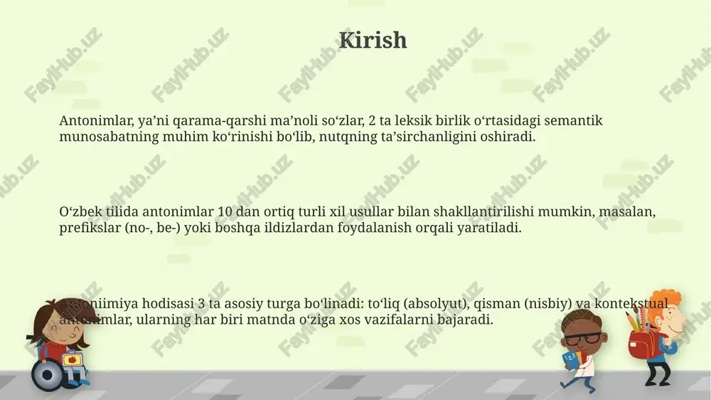 di. antonymlar lug'ati va manbalari ko'plab onlayn manbalar, masalan, thesaurus.com, antonimlar uchun qulay qidiruv interfeysini taqdim etadi va lingvistik tahlil uchun 5000 dan ziyod sinonim va antonim to'plamiga ega. antonymlar lug'atlari, misol uchun, merriam-webster's collegiate thesaurus, 1000 dan ortiq antonimlar ro'yxatini o'z ichiga oladi, bu esa ushbu leksik munosabatlar hajmini ko'rsatadi. ba'zi ilmiy tadqiqotlar shuni ko'rsatadiki, antonimlar majmui, masalan wordnet, so'z ma'nolarini avtomatik ravishda aniqlash uchun 20000 dan ortiq so'zlarni o'z ichiga olgan ma'lumotlar bazasiga ega. mashqlar va misollar antanimlarni yozish mashqlarida bir so'zga 3-4 ta antonim topish, ularning har birining ma'nosini tushuntirish va ushbu so'zlar qanday kontekstlarda ishlatilishini ko'rsatish muhim. matnlardan antonim juftliklarini topish mashqlari o'quvchilarga 10 dan ortiq turli matnlarni tahlil qilishni va har bir matnda kamida 2 ta antonimni aniqlashni talab qilishi mumkin. antonimlardan foydalangan holda 5-7 gapdan iborat kichik hikoyalar yaratish, o'quvchilarning lug'at boyligini oshirish va antonimlarni amalda qo'llash ko'nikmasini rivojlantirishga yordam beradi. adabiyotlar ro'yxati adabiyotlar …