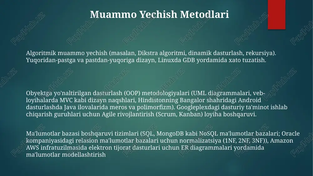 izligi, kriptografiya, axloqiy xakerlik kabi sohalarga ixtisoslashgan guruhlarga ajratadi berkli kaliforniya universiteti 200-darajali ma'lumotlar tuzilmalari va algoritmlar darslarida klikker texnologiyalari (turningpoint, iclicker) yordamida tengdosh ta'lim o(n) yozuvi, graflarni aylanib o'tish algoritmlari va dinamik dasturlash kabi murakkab mavzularda talabalarning tushunchasini baholash natijalariga ko'ra 15-20% ga yaxshilaydi simulyatsiya va modellashtirish usullari dunyo universitetlarida arena, anylogic dasturlari yordamida diskret hodisali modellashtirish (masalan, bank navbatlari), agentga asoslangan modellashtirish (masalan, london transporti) netlogo, repast simphonyda, sistemalar dinamikasi modellari (masalan, braziliya aholisi soni) esa vensim, stella dasturlarida o'rgatiladi. haqiqiy ma'lumotlar to'plamlaridan foydalanish stanford universiteti informatika kurslarida python, java va r tillarida ma'lumotlar tahlili, vizualizatsiya (matplotlib, seaborn) va algoritmlarni amalga oshirish (masalan, k-eng yaqin qo'shnilar, qaror daraxtlari) bo'yicha amaliy topshiriqlarda uci machine learning repository'dagi katta ma'lumot to'plamlaridan (masalan, iris, wine) foydalanish. axloqiy jihatlar it ta'limida it o'qitish metodlari mas'uliyatli innovatsiyalarni (bmtning barqaror rivojlanish maqsadlari), 17 ta global muammoni o'z ichiga olgan holda, ochiq manbali dasturlashni, 100 milliondan …