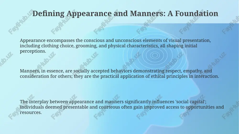 rations involves recognizing that while younger users may prioritize quick responses (e.g., within 5 minutes), older users may need 24-48 hours. digital natives often view emojis and abbreviations like "lol" as acceptable in casual communication, while older generations may perceive excessive use unprofessional, impacting perceived credibility by up to 30%. ethical considerations and future trends in appearance and manners ethical appearance now involves digital alterations. ai-powered 'beauty filters' raise concerns about misrepresentation and negatively impacting self-esteem, especially for impressionable 13-19 year olds. future manners must address ai interaction. establishing protocols for respectfully engaging with ai assistants and acknowledging their limitations will be necessary, alongside updating etiquette by 2030. transparency in appearance modification is crucial ethically. disclosing use of enhancers, like photo editing or cosmetic procedures, builds trust in increasingly image-conscious society and promotes authenticity by 2025. thank you for your attention image2.png image1.png