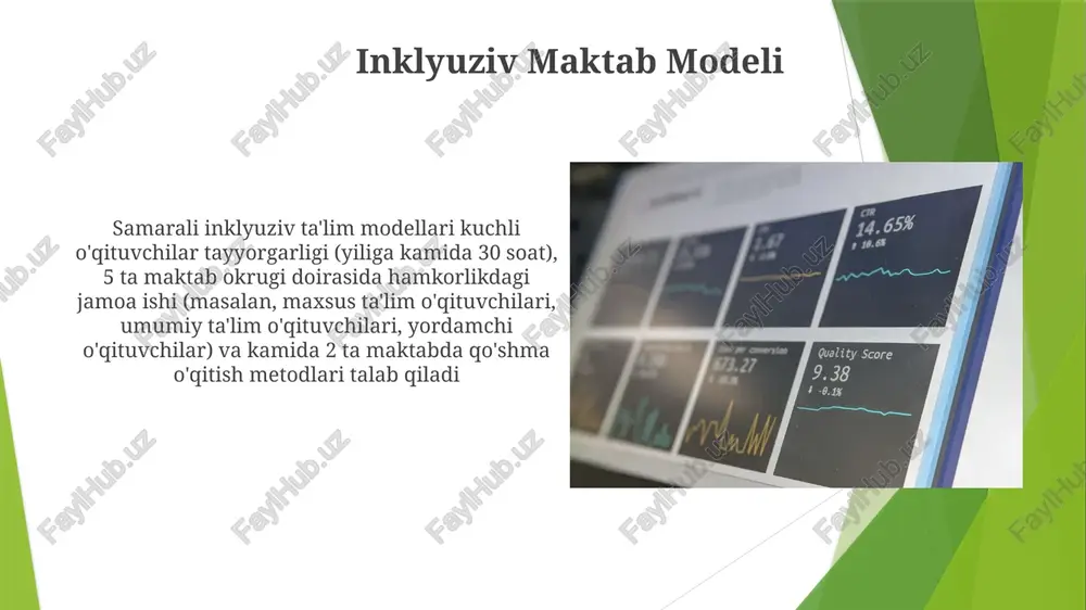 i. har bir o'qituvchi o'quvchilarning yarmiga (14 nafardan) bir xil materialni, baholangan o'rganish uslublari va aniqlangan ehtiyojlarga (vizual, auditoriy, kinestetik) asoslangan farqlovchi topshiriqlar bilan o'rgatadi inklyuziv ta'lim ta'rifi inklyuziv ta'lim modellari tahlili integratsiya darajalarining turlicha ekanligini ko'rsatadi. to'liq inklyuziya umumiy ta'lim darslarida to'liq ishtirok etishni maqsad qiladi; ammo, resurs xonalari o'quv ehtiyojlariga qo'shimcha yordam beradi samarali inklüziv ta'lim o'qituvchilarni differentsiatsiyalashgan o'qitish strategiyasi, hamkorlikdagi o'qitish modellari (birgalikda o'qitish, jamoa bilan o'qitish) va yordamchi texnologiyalardan foydalanish (masalan, matnni nutqqa o'tkazish dasturi, qo'shimcha va alternativ aloqa vositalari) bo'yicha tayyorlashni (boshlang'ich va malaka oshirish) talab qiladi resurs xona modeli inklyuziv ta'lim modellari: asosiylashtirish/inklyuziya umumta'lim sinflarida (1-12 sinflar) nogiron bolalarni tengdoshlari bilan birga o'qitishni nazarda tutadi. maxsus pedagoglar (masalan, defektologlar, yordamchi o'qituvchilar) tomonidan qo'llab-quvvatlanadi o'zaro qamrab olishni baholash inklyuziv ta'lim modellari (masalan, universal dizayn uchun o'qitish, birgalikda o'qitish, differentsiallashgan ta'lim) turli xil sharoitlarda (masalan, shahar, qishloq maktablari; maktabgacha ta'limdan 12-sinfgacha) turli o'quvchilarning ehtiyojlarini (masalan, o'rganish …