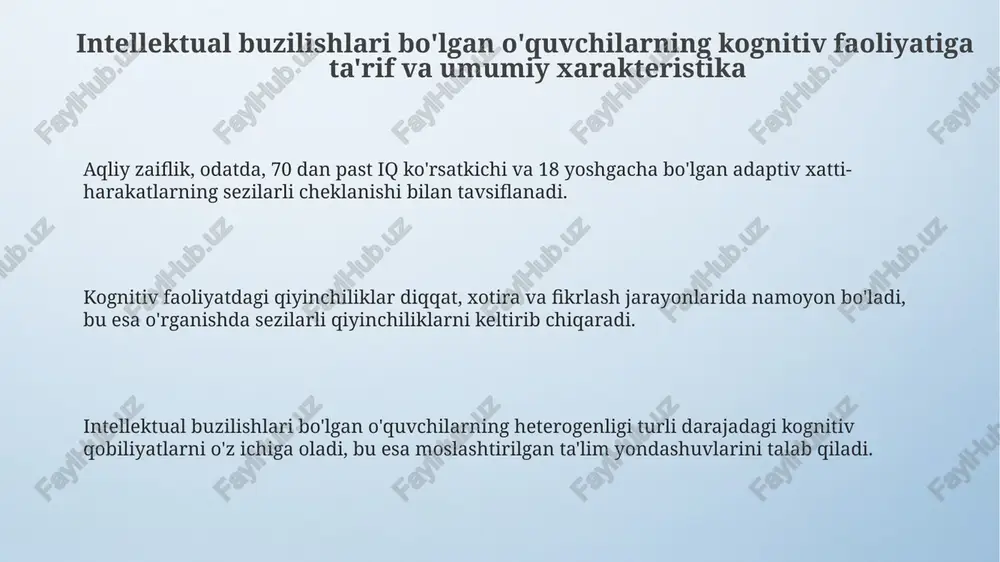 dasturlari sezilarli foyda keltiradi. ijtimoiy-emosional rivojlanish, motivatsiya, inklyuziv ta'lim va oilaning roli ijtimoiy-emosional rivojlanishda, 70% intellektual buzilishlari bo'lgan o'quvchilar do'stlashishda qiyinchiliklarga duch kelishadi, bu esa depressiya ehtimolini 2-3 barobar oshiradi. motivatsiyani oshirish uchun, 80% intellektual buzilishlari bo'lgan o'quvchilarga maqsad qo'yish va erishishda yordam berish kerak, chunki ularning o'z-o'zini baholash darajasi past bo'lishi mumkin. inklyuziv ta'lim, 90% hollarda intellektual buzilishlari bo'lgan o'quvchilarga tengdoshlari bilan ijtimoiy aloqalarni mustahkamlashga yordam beradi, bu esa ularning kognitiv rivojlanishiga 15% gacha ta'sir qilishi mumkin. e'tiboringiz uchun rahmat image4.png image1.jpeg