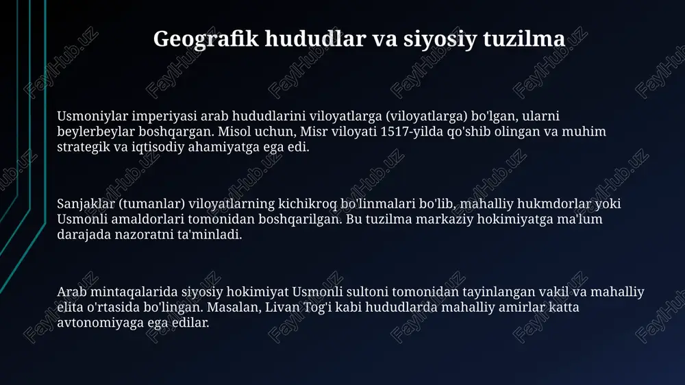 in britaniya va fransiya o'rtasida arab hududlarini bo'lishni belgilab berdi, bu arab millatchiligini kuchaytirdi. mandat tizimi va meros mandat tizimi 1920-yilda millatlar ligasi tomonidan tasdiqlangan boʻlib, usmoniylar imperiyasining sobiq arab hududlarini boshqarish vakolatini fransiya va buyuk britaniyaga berdi. bu mandatlar, aslida, mustamlakachilik shakli boʻlib, arab davlatlarining mustaqillikka erishishini kechiktirdi va 20-asr siyosiy xaritasiga sezilarli ta’sir koʻrsatdi. mandat tizimi arab millatchiligining kuchayishiga sabab boʻldi, chunki arablar oʻz taqdirini oʻzlari belgilashni xohlashdi va bu mintaqada bir qator mustaqillik harakatlariga turtki berdi. e'tiboringiz uchun rahmat image1.png