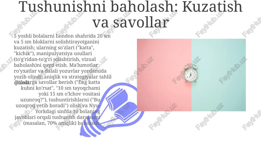 i dyuymda ko'rsatuvchi, vaqt o'tishi bilan kattalashishni vizual ravishda namoyish etuvchi chiziqli grafik. sahna tayyorlash: hajmni tanishtirish bolalar o'yin maydonchasida 1 sm dan 10 sm gacha bo'lgan 10 ta yog'och kubikni kattaligiga qarab saralaydi va 10 sm, 15 sm va 20 sm bo'yli 3 ta qo'g'irchoqning bo'yini ko'z bilan va 30 sm li o'lchov tasmasi yordamida taqqoslaydi. oshxona tarozi (gramm va untsiya) yordamida 4 xil mevaning (olma, apelsin, banan, uzum) kattaligini solishtirish va maktab sport zalida metr bilan 2 bola (100 sm va 120 sm) bo'ylarini o'lchash. "katta", "kichik" va "bir xil" tushunchalarini hayotiy misollar bilan ko'rsatish. til: katta, kichik va boshqalar sidneydagi rasm darsidan ko'rinish vositalari: boylar (masalan, 5 bolaning bo'yi santimetrda), hajmlar (masalan, 2l shisha va 500ml shisha) va maydonlar (masalan, turli shakldagi qog'oz kesmalarning o'lchamlari (10sm² va 25sm²)) taqqoslash jadvallari. binolar (empire state binosi va tokiodagi uy), transport vositalari (velosiped va avtobus) hamda hayvonlarning (chumoli va fil) …