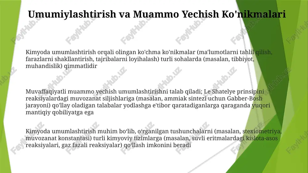 raf etish stoxiometriyaning asosiy printsiplari (mol nisbatlari, chegaralovchi reagentlar) turli birikmalar (kislotalar, asoslar, tuzlar) va reaksiyalar (neytrallash, oksidlanish-qaytarilish)ni o'z ichiga olgan turli xil hisob-kitoblarni (masalan, massa-massa, massa-hajm, titrlash) birlashtiradi umumiylashtirish barcha reaksiyalar zudlik bilan sodir boʻladi degan xato tushunchalarga qarshi kurashadi; kinetik nazariya reaksiya tezliklarining (masalan, toʻqnashuv chastotasi, aktivlanish energiyasi) turli reaksiyalar (masalan, sn1 ga qarshi sn2) da va turli sharoitlarda (temperatura, bosim) keng farq qilishini tushuntirib beradi. le shatelye printsipi (muvozanat stress o'zgarishlariga, ya'ni temperatura, bosim, konsentratsiyaga javoban siljiydi) kabi umumiy qoidalarni turli tizimlarga (gabr-bosh jarayoni, eruvchanlik muvozanati) qo'llash sanoat sharoitida (masalan, ammiak ishlab chiqarish) va atrof-muhit kontekstlarida (masalan, okean kislotalanishi) murakkab kimyoviy jarayonlarni tushunishni yaxshilaydi. kimyo ta'limi bo'yicha umumlashtirish tadqiqotlarining kelajak yo'nalishlari kelajakdagi tadqiqotlar turli sharoitlarda (masalan, qishloqdagi maktablar, shahardagi oliygohlar) turli xil bilim darajasi va ijtimoiy-iqtisodiy holatdagi o'quvchilar orasida kimyoviy tushunchalarni (masalan, stoxiometriya, muvozanat, reaksiya kinetikasi) umumlashtirishni rivojlantirish uchun samarali pedagogik usullarni (masalan, izlanishga asoslangan o'qitish, muammoli …