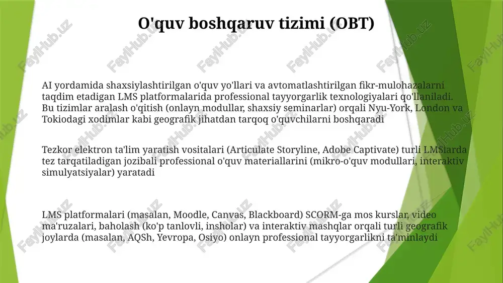 ga mos keladigan kontent yaratishga imkon beradi va tashkilotlardagi turli o'quv boshqaruv tizimlari (lms) bilan mos kelishini ta'minlaydi muvaffaqiyatli amalga oshirish uchun o'rganish tajribasi dizayni (otd) tamoyillari, aralash o'qitish strategiyasiga mikro-o'qitish modullarini qo'shish zarur. analitika paneli (masalan, moodle, totara learn) orqali o'rganish taraqqiyotini kuzatish o'quv dasturlari samaradorligini kamida 10% ga oshiradi (manba: training industry report, 2022) onlayn o'qitish platformalari lms platformlardagi ma'lumotlar tahlili panellari o'quvchilarning yutuqlarini (bajarilish darajasi, sarflangan vaqt) kuzatib boradi, shaxsiylashtirilgan o'rganish tajribalarini yaratadi va resurslarni samarali taqsimlashga yordam beradi (masalan, silikon vodiysidagi x platformasidan foydalangan kompaniyalar trening xarajatlarini 20% ga kamaytirgan) coursera (40m+), edx (30m+), va udemy (50m+) kabi elektron ta'lim platformalari global miqyosda turli sohalarda (sog'liqni saqlash, moliya, texnologiya) professional ta'lim berishda lms, video konferentsiya (zoom, webex), gamifikatsiya (duolingo, khan academy) va sun'iy intellektga asoslangan baholash vositalaridan (gradescope) foydalanadilar. video-darsliklar mikro-o'qitish (2-5 daqiqalik qisqa videomodullar), an'anaviy usullarga nisbatan bilimni 25% ga oshirdi, london, nyu-york va tokio …
