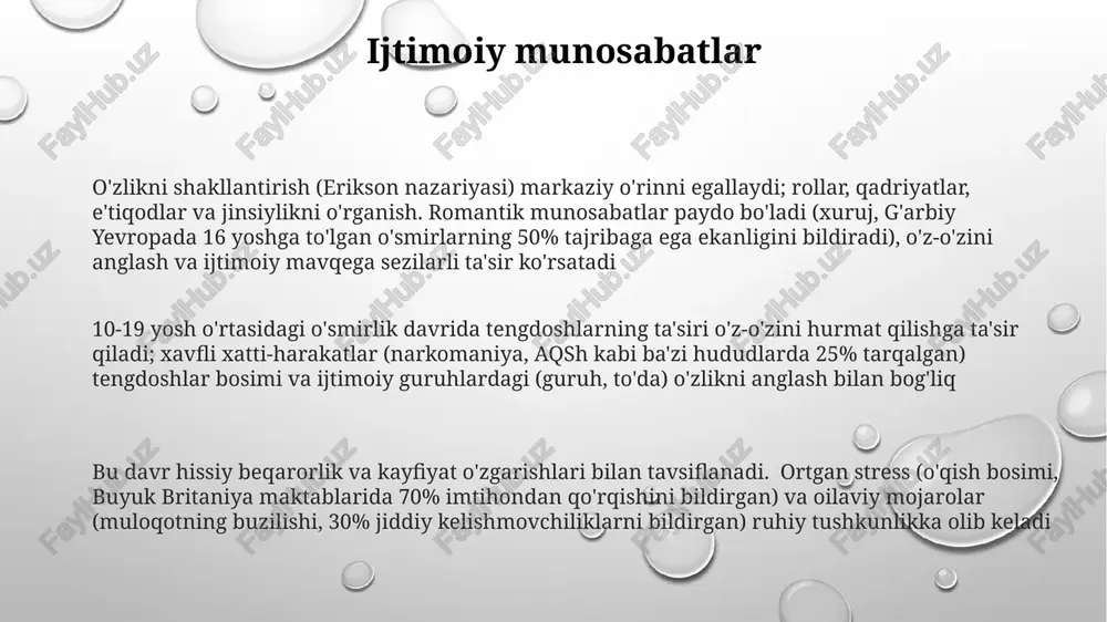 haydash), va kuchaygan hissiy intensivlik. miya rivojlanishi (ayniqsa, prefrontal korteksning yetilishi) impulsiv nazorat va hissiy tartibga solishga ta'sir qiladi 10-20 yosh oralig'idagi o'smirlik davrida shaxsning shakllanishi rollarni, qadriyatlarni (masalan, diniy, siyosiy) va munosabatlarni o'rganish orqali o'z-o'zini anglashga olib keladi. o'smirlikdagi psixologik muammolar depressiya, xavotir, ovqatlanish buzilishi (masalan, anoreksiya, bulimiya) va giyohvandlikni o'z ichiga oladi. bu muammolar biologik omillar, ijtimoiy bosim (masalan, kiber zo'ravonlik, ijtimoiy tarmoqlar) yoki oilaviy muammolardan kelib chiqishi mumkin xatarli xatti-harakatlar 12-18 yoshdagi o'smirlarda prefrontal korteksning yetuk bo'lmaganligi sababli xavfni oshirish yuqori; impulsivlik ballari (masalan, barratt impulsivlik shkalasi) kattalarnikidan ancha yuqori; g'arbiy davlatlarda giyohvand moddalarni iste'mol qilish darajasi yuqori (alkogol 30%, kanabis 20%). e'tiboringiz uchun rahmat @taqdimot_robot image1.png image2.png image3.png