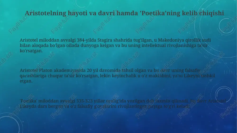 zamonaviy talqinlari "poetika"ning ta'siri 16-asr uyg'onish davrida yevropa adabiyot nazariyasida sezilarli bo'ldi, klassik dramaning qayta tiklanishiga va 3 birlik qoidasining shakllanishiga yordam berdi. aristotelning merosi hozirgi kunda ham muhim. ko'plab adabiyotshunoslar tomonidan asarning asosiy tushunchalari (mimesis, catharsis) badiiy asarlarni tahlil qilishda qo'llaniladi, bu uning abadiy ahamiyatini isbotlaydi. zamonaviy talqinlar aristotel nazariyalarini yangi badiiy shakllarga, masalan, kinoga moslashtiradi, tragediya va komediyaning zamonaviy muqobillarini o'rganadi, bu uning fikrlarining doimiyligini ko'rsatadi. e'tiboringiz uchun rahmat image3.png