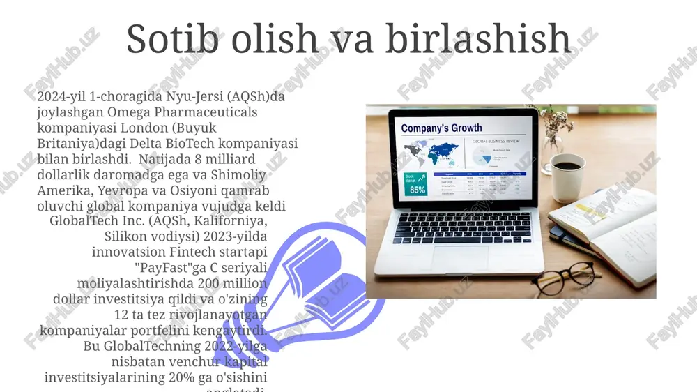 ta asosiy loyihaga 22 million dollar sarmoya kiritdi, bengaloru va nyu-yorkdagi ofislardagi xodimlar sonini 35% ga oshirdi va 2024 yil 4-choragiga qadar yevropa bozori uchun 2 ta yangi mahsulot liniyasini yaratdi. 10 million dollarlik innovate solutions (dublin) kompaniyasini sotib olish va sun'iy intellekt imkoniyatlarini 40% ga oshirish, shuningdek, kvant hisoblash texnologiyalariga ixtisoslashgan quantumleap (tel aviv) startapiga 5 million dollarlik investitsiya kiritildi. natijada 12 ta yangi patent ro'yxatdan o'tkazildi. ilmiy-tadqiqot va tajriba-konstruktorlik xarajatlari 2023-yil 3-choragida silikon vodiysida, londonda va bangalorda venchur kapital mablag'lari 10% ga oshdi. yangi energiya sohasidagi sotib olishlar butun dunyo bo'yicha 50 milliard dollarni tashkil etdi, asosan yevropa ittifoqi va xitoydagi shamol va quyosh texnologiyalari bo'yicha 2022-yilda global miqyosda i&t xarajatlari 150 milliard dollarga yetdi, bu yerda microsoft (23 milliard dollar) va alphabet (29 milliard dollar) kabi aqsh kompaniyalari yetakchilik qildi. yevropada farmatsevtika i&t xarajatlari germaniya va shveytsariya firmalari hissasiga 100 milliard yevroni tashkil etdi aksionerlarni qaytarib sotib …