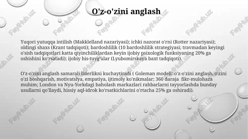 lik psixologik jihatdan samarali liderlar o'z-o'zini anglash (10 ta to'g'ridan-to'g'ri bo'ysunuvchiga hissiy ta'sirini tushunish), hissiy tartibga solish (2 haftalik muhim muddatda stressni boshqarish) va motivatsiya (london, angliyada 25 nafar xodimni 15% li qiyin savdo maqsadini oshib ketishga ilhomlantirish) kabi xususiyatlarga ega motivatsiya bass va riggio modelining transformasion liderlik uslublari jamoalarda ichki motivatsiyani oshirib, texnologiya (silicon valley) va sog'liqni saqlash (mayo klinikasi) kabi sohalarda xodimlar jalb qilinishini (masalan, jalb qilish so'rovlari bo'yicha 40% yuqori ballar) oshiradi samarali rahbarlar yuqori o'z-o'zini samaradorlikka ishonch (qobiliyatlariga ishonch)ni namoyon qiladilar, bu qaror qabul qilish tezligi va ishonchiga ta'sir qiladi (masalan, apple'dagi stiven jobs) yuqori yutuqqa intilish (nach) abraham linkoln (1809-1865) va margaret tetcher (1925-2013) kabi liderlarni ambitsiy maqsadlarga intilishga undab, mos ravishda vashington va londonda siyosatga ta'sir ko'rsatdi; kuchli ichki nazorat va qiyinchiliklarga (masalan, fuqarolar urushi, folklend urushi) qarshi chidamlilikni namoyish etdi e'tiboringiz uchun rahmat @taqdimot_robot image1.png image2.png image3.png