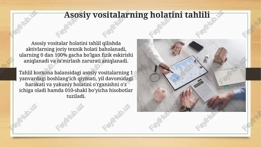 rning harakati tahlili asosiy vositalarning harakati tahlili aktivlarning kirimi (sotib olish, bepul olish) va chiqimi (sotish, tugatish) dinamikasini baholash, masalan, 2023-yilda 15% o'sish yoki 10% kamayish kuzatilgan. har bir asosiy vositaning kirim va chiqim sabablarini aniqlash, xususan, eskirgan uskunalarni yangilash yoki ishlab chiqarish hajmining 25%ga qisqarishi natijasida aktivlarni sotishni tahlil qilish muhim. hisobot va nazorat hisobot tizimi asosiy vositalar holati, harakati va amortizatsiyasini muntazam kuzatish imkonini beradi hamda hisobot davri uchun ma'lumotlarni taqdim etadi, bu esa 10% gacha xatoliklarni aniqlashga yordam beradi. nazorat tadbirlari asosiy vositalarning samaradorligini oshirishga qaratilgan bo'lib, ularning 25% dan ortig'i yaroqsiz holga kelishining oldini olish maqsadida profilaktika choralarini o'z ichiga oladi. asosiy vositalarning umumiy tavsifi asosiy vositalar korxonaning uzoq muddatli aktivlari bo'lib, 1 yildan ortiq xizmat qiladi va ishlab chiqarishda yoki boshqaruvda foydalaniladi, dastlabki qiymati esa 20 minimal ish haqidan kam bo'lmasligi kerak. asosiy vositalar tarkibi turli xil bo'lishi mumkin, masalan, binolar, inshootlar, mashinalar va uskunalar, …
