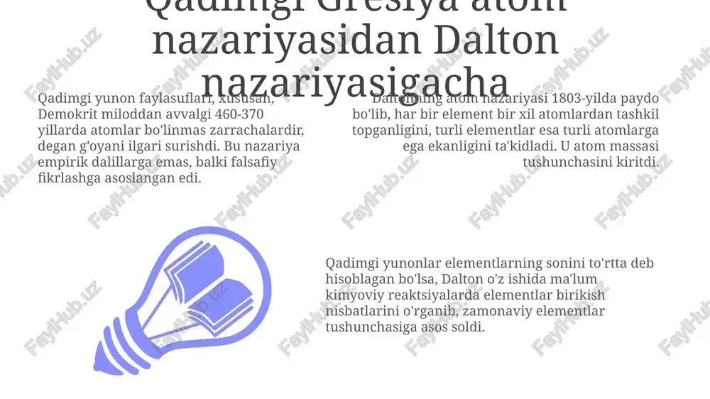 eldi. zamonaviy atom modellari va atom tadqiqotlarining amaliy ahamiyati zamonaviy atom modellari kvant mexanikasiga asoslangan bo'lib, elektronlarni aniq orbitalarda emas, balki ehtimollik bulutlarida tasvirlaydi, ularning energiyasi kvantlangan 1s, 2s, 2p kabi darajalarda bo'ladi. atom tadqiqotlari yadroviy tibbiyotda radioizotoplarni qo'llash orqali diagnostika va davolash imkoniyatlarini yaratdi, bu esa saraton kabi kasalliklarni aniqlash va yo'q qilishga yordam beradi. atom energiyasidan foydalanish atom elektr stansiyalarida elektr energiyasi ishlab chiqarishga olib keldi, bunda uran-235 kabi elementlarning yadroviy parchalanishi natijasida katta miqdorda energiya ajralib chiqadi. e'tiboringiz uchun rahmat image4.png image1.jpeg image2.jpeg image3.jpeg