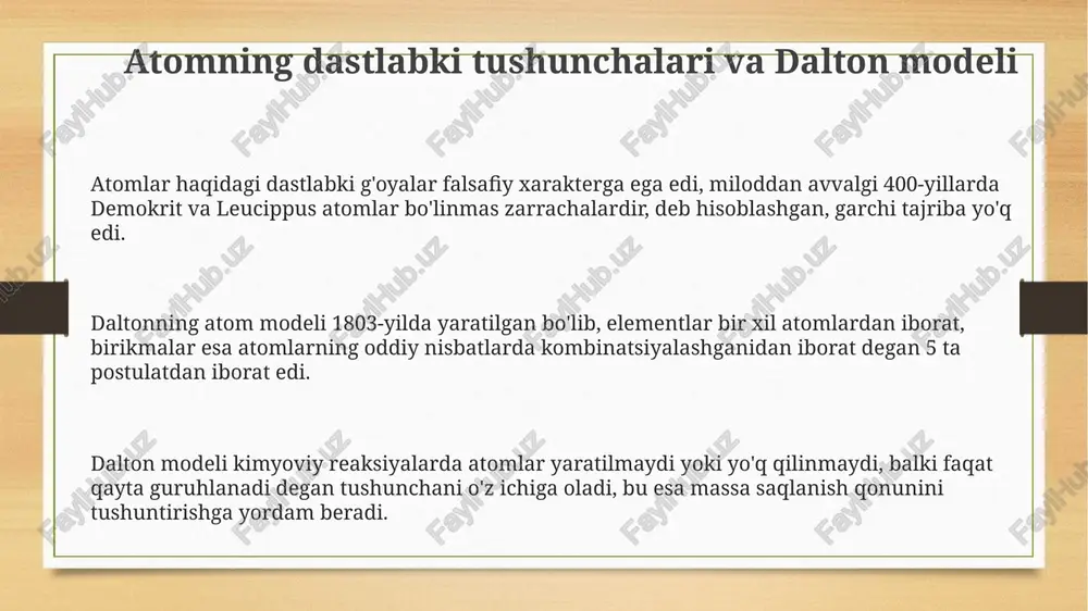 avjudligini tasdiqlovchi tajribalarni tushuntira olmasligi edi. tajribaviy dalil sifatida elektr zaryadlari muhim edi. rutherford modelining afzalligi atomning massasi markazda to'planganligini ko'rsatdi, kamchiligi elektronlarning spirallar bo'ylab yadroga tushishini tushuntira olmasligi edi. tajribaviy dalil oltin folga tajribasi bo'ldi. e'tiboringiz uchun rahmat image3.png image4.png