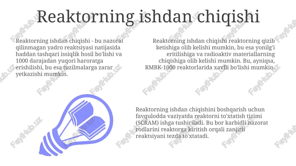 mumkin, bu esa reaktorning ishdan chiqishiga olib kelishi yoki muhim xavfsizlik tizimlariga zarar yetkazishi mumkin, bu esa potentsial radiatsiya chiqindilariga olib keladi. suv toshqinlari favqulodda dizel generatorlari kabi yordamchi quvvat tizimlarini ishdan chiqarishi mumkin. bu reaktorni sovutishni ta'minlashda muhim ahamiyatga ega, bu esa yoqilg'ining erishi ehtimolini oshiradi. kuchli bo'ronlar yadro ob'ektlaridan quvvat uzatish liniyalariga zarar yetkazishi mumkin, bu esa ob'ekt tashqi quvvatdan uzilgan taqdirda xavfsizlik protokollarini ishga tushirishga olib keladi. xavfsizlik tizimlarining ishdan chiqishi yadro reaktorlarida bir nechta ortiqcha xavfsizlik tizimlari mavjud, lekin ularning barchasining bir vaqtning o'zida ishdan chiqishi 10 milliondan 1 gacha bo'lgan ehtimolga ega bo'lsa ham, falokatli oqibatlarga olib kelishi mumkin. xavfsizlik tizimlarining ishdan chiqishi reaktorning ortiqcha qizishi va yadro yoqilg'isining erishiga olib kelishi mumkin, ayniqsa favqulodda sovutish tizimi ishlamay qolganda, harorat 2000 darajadan oshib ketishi mumkin. elektr ta'minoti yo'qligi, mexanik nosozliklar yoki dasturiy ta'minotdagi xatolar sababli xavfsizlik tizimlari ishdan chiqishi mumkin. bunday vaziyatlarda, avtomatik o'chirish protokollari …