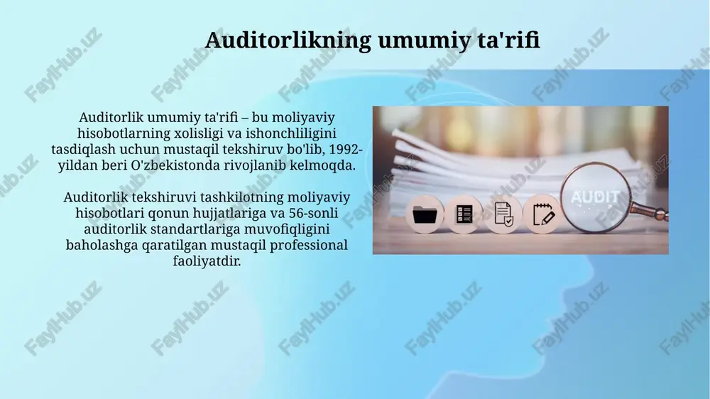 majburiyatlari auditor tekshiruv davomida aniqlangan jiddiy kamchiliklar va qonunbuzilishlar haqida 5 kun ichida mijozni xabardor qilish majburiyatiga ega, bu esa moliyaviy hisobotlarning ishonchliligini ta'minlaydi. auditor o'z faoliyatini amalga oshirishda mustaqillikni saqlashga, manfaatlar to'qnashuvidan qochishga va o'z fikrida xolis bo'lishga majburdir, bu esa 100% ishonchli audit natijalarini kafolatlaydi. auditorlik tashkilotlarining javobgarligi auditorlik tashkilotlari o'z xulosalarining ishonchliligi uchun javobgardir; agar xatolar aniqlansa, ular qonun bo'yicha moliyaviy javobgarlikka tortilishi mumkin, masalan, jarima to'lash. auditorlar o'z mijozlarining tijorat sirlarini saqlashga majburdirlar. maxfiy ma'lumotlarni oshkor qilish uchun ular intizomiy yoki hatto jinoiy javobgarlikka tortilishi mumkin. xalqaro auditorlik standartlari xalqaro auditorlik standartlari (xas) audit sifatini ta'minlash uchun muhim. ular 700 dan ortiq standartlarni o'z ichiga oladi va moliyaviy hisobotlarning ishonchliligini oshirishga qaratilgan. xaslar auditorlarga professional skeptisizm va mustaqillikni saqlashni, shuningdek, risklarni baholash va materiallik darajasini aniqlashni talab qiladi, bu esa adolatli fikr bildirish uchun zarur. auditorlik xulosasi auditorlik xulosasi, auditorlik tekshiruvining yakuniy bosqichi bo'lib, 3-4 ta …