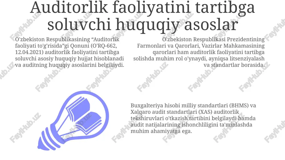 ar biri audit sohasida kamida uch yillik ish tajribasiga ega bo'lishi kerak. auditorlik tashkiloti o'z faoliyatini amalga oshirish uchun zarur bo'lgan moddiy-texnik bazaga ega bo'lishi, jumladan, kompyuterlar, dasturiy ta'minot va boshqa vositalar bilan ta'minlangan bo'lishi lozim. auditorlik tashkiloti professional javobgarlikni sug'urta qilish polisi bilan ta'minlangan bo'lishi shart, bu mijozlarga etkazilgan zarar uchun kamida 500 million so'm miqdorida kafolat berishi kerak. auditorlik faoliyatini nazorat qilish, javobgarlik va sanktsiyalar auditorlik tekshiruvida qonunbuzilishlar aniqlanganda, auditorga ogohlantirishdan litsenziyani bekor qilishgacha bo'lgan turli xil sanktsiyalar qo'llanilishi mumkin. auditorlik faoliyatini nazorat qilish o'zbekistonda tegishli vakolatli davlat organlari tomonidan amalga oshiriladi, bunda nazorat 5 yilda kamida 1 marta o'tkaziladi. auditorlik tashkilotlari, noto'g'ri audit xulosalari uchun o'zbekiston respublikasi qonunchiligiga muvofiq moddiy va ma'muriy javobgarlikka tortilishi mumkin. xalqaro standartlar va o'zbekistonda qo'llanilishi o'zbekistonda moliyaviy hisobotning xalqaro standartlari (mhxs) 2000-yillardan boshlab bosqichma-bosqich joriy etilmoqda, bu xalqaro investitsiyalarni jalb qilishga yordam beradi. o'zbekistonda auditorlik faoliyatini tartibga soluvchi qonunchilikda xalqaro audit standartlari …