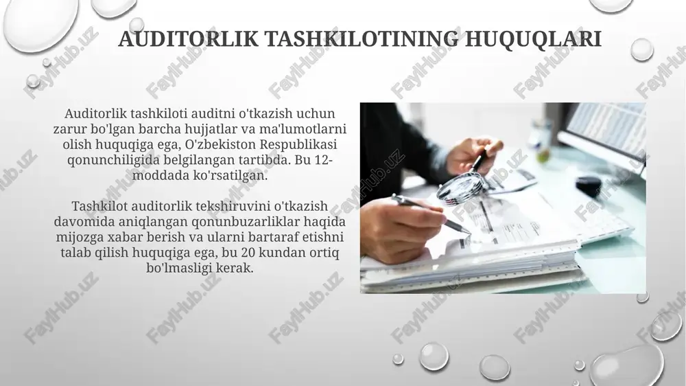 espublikasi fkning 14-moddasiga muvofiq. ma'muriy javobgarlik audit qonunchiligini buzganlik uchun jarimalar ko'rinishida bo'lishi mumkin, mjtkning tegishli moddalari bilan belgilanadi, masalan, 175-modda. sanksiyalar va jazo choralari auditorlik tashkilotiga litsenziyani bekor qilish yoki to'xtatib turish kamchiliklar bartaraf etilmaguncha 6 oygacha muddatga qo'llanilishi mumkin, bu qonunbuzarliklarning og'irligiga bog'liq. audit jarayonida qonunbuzarliklar aniqlansa, auditorlik tashkilotiga jarima solinishi mumkin, bu jarima miqdori qonunbuzarlikning xususiyatiga ko'ra belgilanadi va minimal oylik ish haqining 50 barobarigacha bo'lishi mumkin. nizolarni hal qilish auditorlik tashkilotlari mijozlar bilan nizolarni kelishuv yo'li bilan hal qilishga harakat qilishi kerak, bu jarayon o'zbekiston respublikasi fuqarolik kodeksining 364-moddasiga muvofiq amalga oshiriladi. agar kelishuvga erishilmasa, nizolar o'zbekiston respublikasining xo'jalik sudlari orqali ko'rib chiqiladi, bunda da'vo muddati 3 yilni tashkil etadi, bu mudofaa to'g'risidagi qonunning 14-moddasida belgilangan. sug'urta auditorlik tashkilotlari o'z kasbiy faoliyatini sug'urta polisi bilan himoya qilishi kerak, bu esa xatolar tufayli 100 million so'mgacha bo'lgan to'lovlarni qoplaydi va mijozlarni himoya qiladi. sug'urta qoplamasi auditorlik hisobotlaridagi …