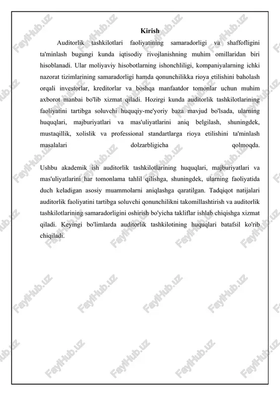 lik tashkiloti, shuningdek, tekshirilayotgan xojalik yurituvchi sub'ektga aniqlangan kamchiliklarni bartaraf etish bo'yicha tavsiyalar berishi lozim. ⚖️ auditorlik tashkilotlarining huquqlari, majburiyatlari va mas'uliyati taqqoslash auditorlik tashkilotlarining turli huquqlari, majburiyatlari va mas'uliyatlarini taqqoslash item huquqlar doirasi majburiyatlar hajmi mas'uliyat darajasi mustaqillik talablari auditorlik tashkiloti (katta) keng yuqori yuqori qattiq auditorlik tashkiloti (o'rta) o'rta o'rta o'rta o'rta auditorlik tashkiloti (kichik) cheklangan past past yengil auditorlik sirini saqlash mas'uliyati auditorlik tashkiloti va uning xodimlari auditorlik tekshiruvi jarayonida olingan tijorat siri va boshqa konfidensial ma'lumotlarni saqlashga mas'uldirlar. bu mas'uliyat, auditorlik shartnomasi tugaganidan keyin ham amal qiladi. konfidensial ma'lumotlarni oshkor qilish, o'zbekiston respublikasi qonunchiligiga muvofiq javobgarlikka sabab bo'ladi. auditorlik tashkiloti, konfidensial ma'lumotlarni saqlash uchun tegishli ichki tartib-qoidalarni ishlab chiqishi va amalga oshirishi kerak. auditorlik tashkiloti, konfidensial ma'lumotlarning ruxsatsiz foydalanilishidan, yo'qotilishidan yoki o'zgartirilishidan himoya qilish uchun zarur texnik va tashkiliy choralarni ko'rishga mas'uldir. bu, axborot xavfsizligi siyosatini ishlab chiqishni, xodimlarni o'qitishni va ma'lumotlarni himoya qilishning zamonaviy texnologiyalaridan …