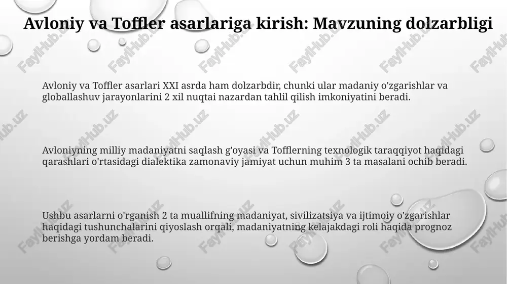 iy jamiyatda madaniyatning ahamiyati va kelajakka nazar madaniyat xxi asrda ijtimoiy barqarorlikning asosi bo'lib, 7 milliarddan ortiq odamning qadriyatlarini mujassam etadi va bu integratsiya uchun muhimdir. texnologik taraqqiyot (4.0 sanoati) madaniyatlararo muloqotni tezlashtiradi, lekin noyob madaniy xususiyatlarni saqlash uchun 2 tomonlama harakat talab etiladi. kelajakda madaniy merosni 5g texnologiyalari orqali raqamlashtirish uning global miqyosda 99% dan ko'proq foydalanish imkoniyatini yaratadi. e'tiboringiz uchun rahmat image1.png image2.png