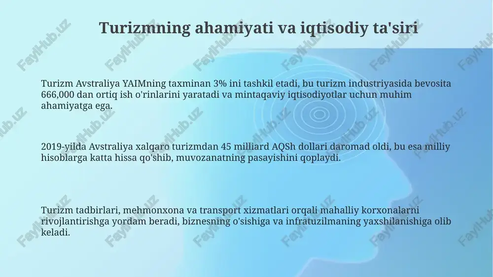 ik toza mehmonxonalar, uglerod izini kamaytirish va mahalliy hamjamiyatlarni qo'llab-quvvatlash orqali 2030 yilga borib sezilarli o'sishni ko'rsatadi. iqlim o'zgarishi natijasida buyuk to'siq rifi va boshqa tabiiy diqqatga sazovor joylar zarar ko'rishi mumkin, bu esa 2050 yilga borib turizm daromadining pasayishiga olib kelishi mumkin. e'tiboringiz uchun rahmat image1.png