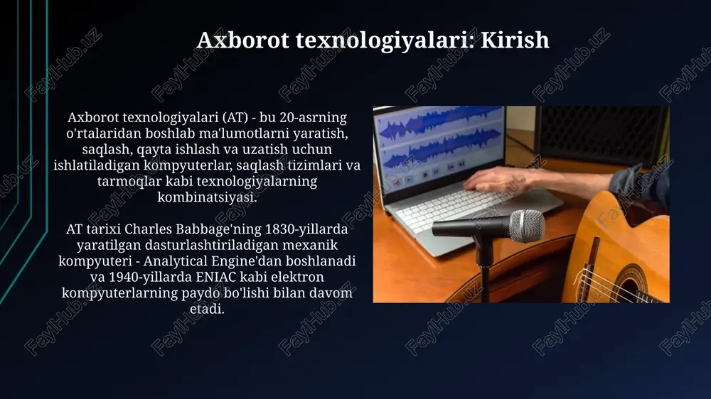 kengaytirish uchun 1000 ta gpu resurslaridan foydalanishi mumkin, bu esa aniqlikni sezilarli darajada oshiradi. bulutli hisoblash ai uchun cheksiz miqdordagi ma'lumotlarni saqlash imkoniyatini beradi, bu esa ai algoritmlarini o'rgatish va optimallashtirish uchun zarur bo'lgan 99.9% ish vaqtini ta'minlaydi. katta ma'lumotlar (big data) va internet narsalar (iot) iot qurilmalari ulkan miqdordagi ma'lumotlarni yaratadi, soatiga terabaytlar bilan o'lchanadi, bu big data texnologiyalari orqali real vaqtda tahlil qilinib, samaradorlikni oshirish uchun ishlatiladi. katta ma'lumotlar iot qurilmalaridan olingan ma'lumotlar asosida bashoratli tahlil o'tkazish imkonini beradi, masalan, 99% aniqlik bilan uskunalarning nosozliklarini oldindan aniqlash mumkin. axborot texnologiyalarining ijtimoiy ta'siri axborot texnologiyalari onlayn ta’lim platformalari orqali 24/7 ta’lim resurslariga kirish imkoniyatini yaratib, ta’limdagi tengsizlikni kamaytiradi va 1 milliarddan ortiq foydalanuvchiga ta’sir qiladi. ijtimoiy media va aloqa platformalari, jumladan 4.62 milliarddan ortiq foydalanuvchini birlashtirib, dunyo bo'ylab shaxslar va jamoalarni bog'lash orqali ijtimoiy o'zaro ta'sirlarni o'zgartiradi. kasbiy imkoniyatlar va kelajak istiqbollari axborot texnologiyalari sohasida 2024-yilda bulutli hisoblash bo'yicha …