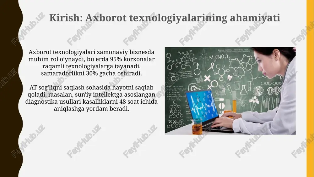 muvaffaqiyatga erishdi va 500 milliondan ortiq yuklab olishga ega. adobe photoshop 1988-yilda yaratilgan boʻlib, rastrli grafika muharriri sifatida tasvirlarni qayta ishlash, dizayn va raqamli sanʼatda keng qoʻllaniladi, 2 milliard dollardan ortiq daromad keltirdi. axborot xavfsizligi va etikasi axborot xavfsizligi etikasi 1970-yillarda paydo boʻlgan boʻlib, kompyuter jinoyatchiligi 414 kabi xakerlik hodisalari ortishi bilan axborotga noqonuniy kirishning oldini olishga qaratilgan. shaxsiy ma’lumotlarni himoya qilish bo‘yicha gdpr (2018) kabi me’yoriy hujjatlar 200 dan ortiq ma’lumot turiga ta’sir ko‘rsatadi va axborot xavfsizligining huquqiy asoslarini belgilaydi. kelajakdagi axborot texnologiyalari tendentsiyalari kvant hisoblash texnologiyalari 2030-yilga borib, kriptografiyani buzish va murakkab optimallashtirish muammolarini hal etish orqali sanoatda inqilob qilishi kutilmoqda. sun'iy intellektning rivojlanishi, ayniqsa, generativ modellar, 2025-yilga kelib, yaratuvchanlik sohalarida 40% ga samaradorlikni oshirishi mumkin. xulosa va savollar xulosa qilib aytganda, at amaliy qoʻllanilishi 100 dan ortiq sohada muhim, shu jumladan taʼlim, sogʻliqni saqlash va sanoatda, 2024-yilga kelib yanada rivojlanishi kutilmoqda. ovozli, grafik va matnli maʼlumotlar turli …