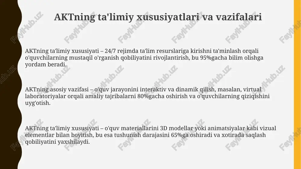 og'liqlik muammolar keltirib chiqarishi mumkin. kamchiliklar orasida raqamli tafovut (30% aholida internetga kirish imkoniyati yo'q), texnik nosozliklar, o'qituvchilarning akt savodxonligi pastligi va shaxsiy ma'lumotlarning himoyasizligi kabi muammolar bor. ta'limda aktning kelajak istiqbollari kelajakda akt ta'limda shaxsiy yondashuvni kuchaytiradi. sun'iy intellekt yordamida har bir o'quvchining ehtiyojlariga moslashtirilgan individual o'quv rejalari va resurslari yaratiladi. 2030-yilga borib, virtual va kengaytirilgan reallik texnologiyalari ta'limda keng qo'llaniladi. 3d modellar va interaktiv simulyatsiyalar orqali murakkab tushunchalar soddalashtiriladi. blokcheyn texnologiyasi kelajakda ta'limda o'quvchilarning yutuqlarini ishonchli va shaffof tarzda qayd etish imkonini beradi. raqamli sertifikatlar va mikro-diplomlar tan olinishini ta'minlaydi. e'tiboringiz uchun rahmat