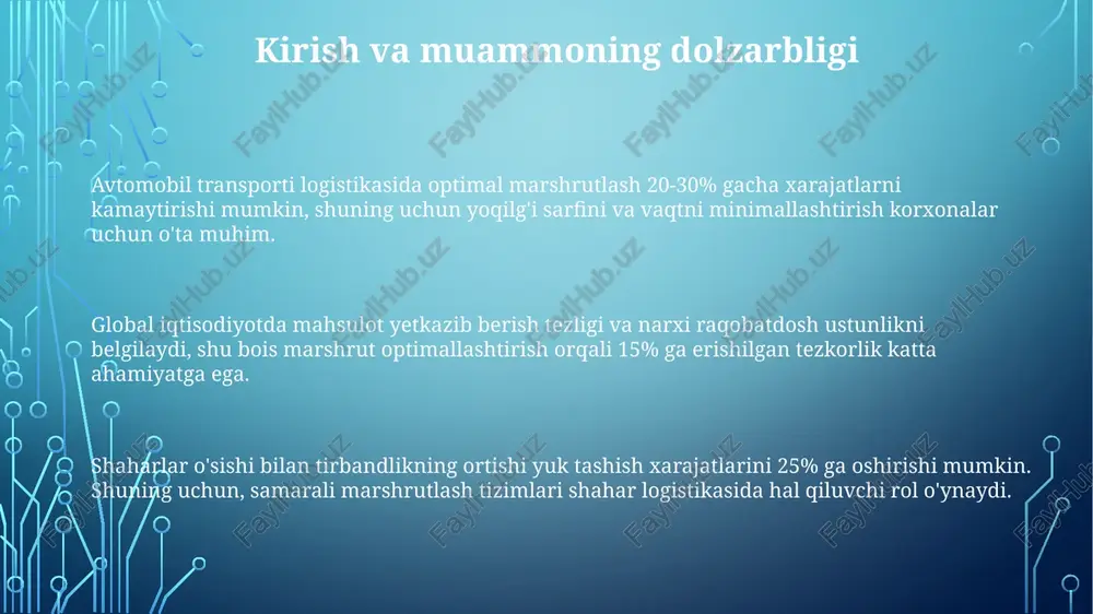 'diradi. yo'nalishni optimallashtirishda tirbandlik, ob-havo sharoiti va transport vositalarining sig'imi kabi o'zgaruvchan omillar hisobga olinishi kerak, bu esa 15% gacha xatolikka olib kelishi mumkin. real vaqtda ma'lumotlarning etishmasligi, ayniqsa uzoq hududlarda, aniq marshrut rejalashtirishga to'sqinlik qiladi, bu esa 20-25% ortiqcha yoqilg'i sarflashiga olib kelishi mumkin. xulosa, tavsiyalar va kelajak istiqbollari xulosa shuni ko'rsatadiki, dinamik marshrutlash algoritmlari 15-20% gacha tejamkorlikni ta'minlaydi, lekin real vaqtda ma'lumotlar bilan ishlashni talab etadi. tavsiyalar sifatida, logistika kompaniyalariga geografik ma'lumotlar tizimlari (gis) va ai texnologiyalarini integratsiya qilish orqali samaradorlikni oshirish taklif etiladi. kelajakda blokcheyn texnologiyasi marshrutlashda shaffoflikni oshirishi, yuklarni kuzatish va xavfsizlikni 25% ga yaxshilashi mumkin. e'tiboringiz uchun rahmat image3.png image1.png image2.png