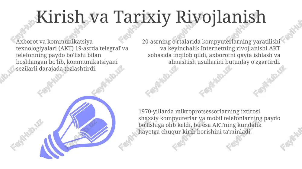 ladi. mobil texnologiyalar va internet narsalari (iot) mobil texnologiyalar 5g aloqa standarti orqali iot qurilmalarining keng koʻlamli tarmoqlari bilan tezroq va ishonchli maʼlumot almashinuvini taʼminlaydi, bu esa aqlli shaharlar rivojlanishiga yordam beradi. iot sensorlari mobil qurilmalar orqali real vaqtda maʼlumotlarni toʻplash va tahlil qilish imkonini beradi, masalan, sogʻliqni saqlashda bemorning holatini monitoring qilish orqali samaradorlikni oshiradi. 2025-yilga borib 75 milliardga yaqin iot qurilmalari mobil tarmoqlarga ulanishi kutilmoqda, bu esa maʼlumotlarni uzatish xavfsizligini taʼminlash va xavfsizlik protokollarini kuchaytirish zaruratini keltirib chiqaradi. akt ning amaliy qo'llanilishi: sanoatlar bo'yicha sog'liqni saqlash sohasida telemeditsina xizmatlari geografik cheklanishlarni bartaraf etadi, diagnostika va davolash tezligini 30% ga oshiradi, tibbiy xarajatlarni kamaytiradi. qishloq xo'jaligida akt masofadan zondlash va gps texnologiyalari orqali ekin maydonlarini monitoring qilish, hosildorlikni 15-20% ga oshirish va resurslarni optimallashtirish imkonini beradi. ishlab chiqarishda robototexnika va avtomatlashtirilgan tizimlar 4.0 texnologiyalari ishlab chiqarish samaradorligini 25% ga oshiradi, sifat nazoratini kuchaytiradi va ishchi kuchiga bo'lgan ehtiyojni kamaytiradi. …
