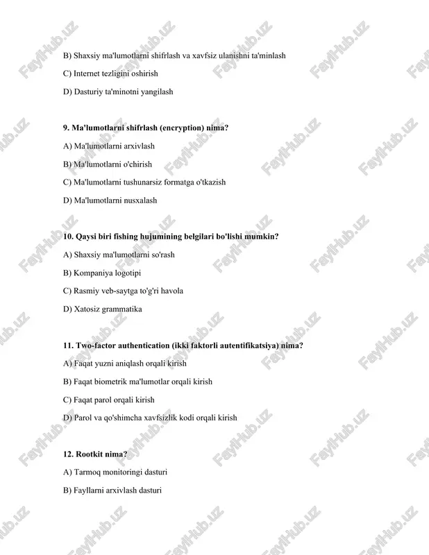 ion - dlp) tizimining vazifasi? a) antivirusni o'rnatish b) parolni o'zgartirish c) ma'lumotlarni shifrlash d) maxfiy ma'lumotlarning tashqariga chiqib ketishini oldini olish javoblar: № javoblar 1 a 2 b 3 b 4 d 5 c 6 d 7 c 8 b 9 c 10 a 11 d 12 d 13 c 14 b 15 a 16 a 17 b 18 b 19 d 20 d /docprops/thumbnail.jpeg