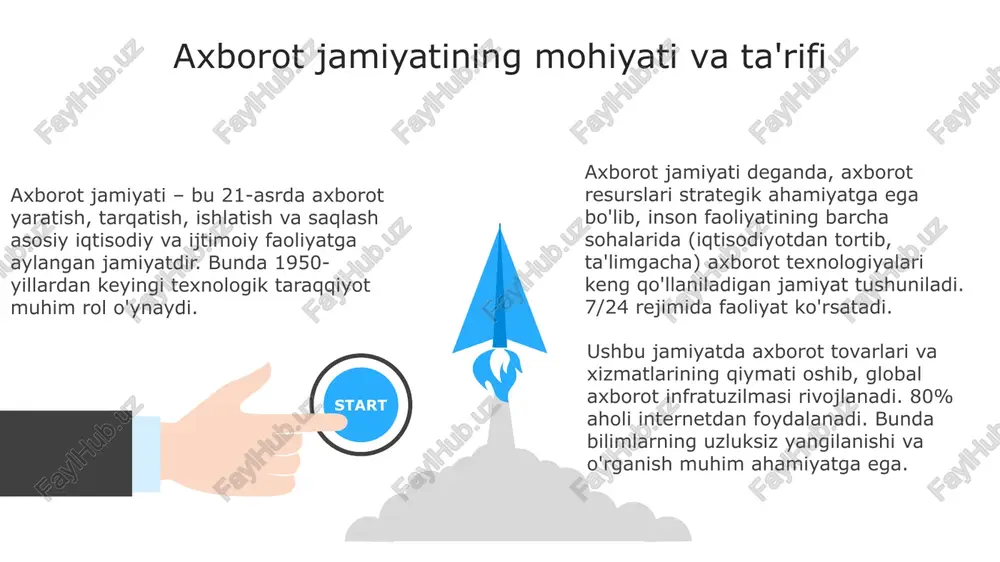 h tizimlari talabalarning bilim darajasini 90% aniqlikda aniqlay oladi, bu esa o'qituvchilarga o'z vaqtida yordam berish va o'quv jarayonini yaxshilashga yordam beradi. axborot jamiyatining kelajak istiqbollari va rivojlanish ssenariylari 2040-yilga borib, sun'iy intellektning rivojlanishi ma'lumotlarni tahlil qilish va qaror qabul qilish jarayonlarini 90% ga avtomatlashtiradi, bu esa korxonalarning samaradorligini oshiradi. kelajakda axborot jamiyati "6g" texnologiyalari orqali yanada tezlashadi, bu esa virtual reallik va kengaytirilgan reallik imkoniyatlarini 75% ga oshiradi va immersiv tajribalarni yaratadi. kelgusi 10 yilda blokcheyn texnologiyasi axborot xavfsizligini ta'minlashda muhim rol o'ynaydi, shaxsiy ma'lumotlar himoyasi 60% ga kuchayadi va firibgarlik kamayadi. e'tiboringiz uchun rahmat image1.jpeg image2.jpeg image3.jpeg image4.jpeg