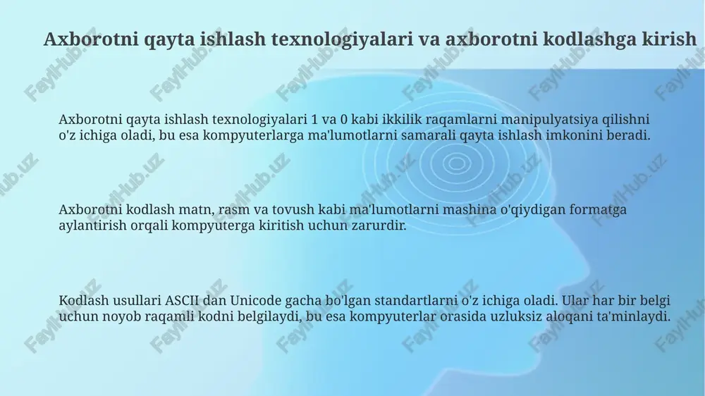 k video oqimini uzatish uchun zarurdir. kodlashning amaliy qo'llanilishi va kelajakdagi istiqbollari amaliy qo'llanilishda, qr kodlar 2d kodlash orqali url manzillar, matn va kontakt ma'lumotlarini saqlaydi, bu esa marketing va inventarizatsiyada tezkor skanerlash imkonini beradi. kelajakda, genetik ma'lumotlarni dnk asosida kodlash 10^19 bit/gram zichlikka erishish imkonini beradi va ma'lumotlarni saqlashda inqilob qilishi mumkin. zamonaviy video kodeklar, masalan, av1, h.265 ga nisbatan 30-50% gacha siqish samaradorligini oshiradi va yuqori sifatli video uzatishni ta'minlaydi. e'tiboringiz uchun rahmat image2.png image1.png