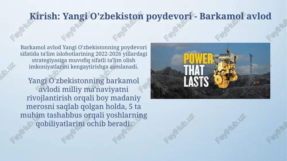 va milliy o'zlikni shakllantiradi. fuqarolik pozitsiyasi: jamiyat hayotida faol ishtirok fuqarolik pozitsiyasi 2022-yilgi konstitutsiyaviy islohotlarda namoyon bo'ldi, unda har bir fuqaroning fikri mamlakat kelajagi uchun muhim ahamiyatga ega ekanligi tasdiqlandi. o'zbekistonda 18 yoshdan oshgan har bir fuqaro saylovlarda faol ishtirok etish huquqiga ega, bu esa jamiyat boshqaruvida bevosita qatnashish imkoniyatini beradi. xalqaro hamkorlik: jahon tajribasidan o'rganish xalqaro hamkorlik o'zbekistonga ilg'or ta'lim standartlari (masalan, pisa) bo'yicha tajriba almashish va 2030 yilgacha bo'lgan maqsadlarga erishish uchun o'qituvchilarni tayyorlashga yordam beradi. o'zbekiston iqtisodiyoti uchun jahon banki va osiyo taraqqiyot banki kabi tashkilotlar bilan hamkorlik investitsiya loyihalari orqali yangi texnologiyalarni jalb etish va barqaror rivojlanishni ta'minlash uchun muhim. yangi o'zbekiston strategiyasi: kelajak sari dadil qadam 2022-2026 yillarga moʻljallangan yangi oʻzbekistonning taraqqiyot strategiyasi inson qadrini ulugʻlashga qaratilgan 100 ta maqsadni oʻz ichiga olgan kompleks dasturdir. strategiyada iqtisodiyotni rivojlantirish uchun 7 ta ustuvor yoʻnalish belgilangan, jumladan, xususiy sektorning oʻsishi va raqamlashtirish muhim ahamiyat kasb etadi. erişilgan …