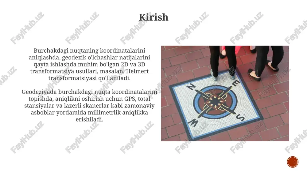asoslangan. bunda boshlang'ich nuqtadan keyingi nuqtalargacha bo'lgan yo'nalishlar zanjiri yaratiladi. ushbu usulda burchaklar teodolit yordamida, masofalar esa lenta yoki elektron masofa o'lchagich (edm) yordamida aniqlanadi. hisoblash jarayoni koordinatalarni bosqichma-bosqich aniqlashga imkon beradi. to'g'ri burchakli koordinatalar usuli to'g'ri burchakli koordinatalar usuli tekislikdagi nuqtaning o'rnini aniqlash uchun ikki o'qli (x, y) koordinatalar sistemasidan foydalanadi, bunda x - abssissa, y - ordinata deb ataladi. ushbu usulda nuqtaning koordinatalari boshlang'ich nuqtadan (0, 0) x va y o'qlari bo'ylab o'lchanadigan masofalar bilan ifodalanadi va odatda metrlar (m) yoki kilometrlarda (km) ko'rsatiladi. global navigatsiya sun'iy yo'ldosh tizimlari (gnss) gnss, masalan gps, glonass, galileo va beidou, nuqta koordinatalarini aniqlash uchun sun'iy yo'ldoshlardan signallarni qabul qiladi va trilateratsiya yordamida joylashuvni hisoblaydi, odatda 4 yoki undan ortiq sun'iy yo'ldosh zarur. gnss tizimlari l1, l2 kabi turli xil chastota diapazonlarida ishlaydi, bu esa ionosfera va troposfera ta'sirini kamaytirish uchun dual-chastotali qabul qilgichlar yordamida yuqori aniqlikdagi joylashuvni ta'minlaydi, xatolik darajasi bir …
