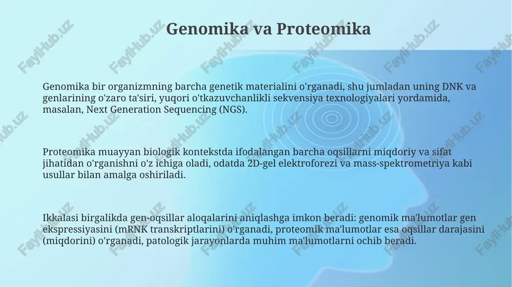 alan, insulin ishlab chiqarish uchun e. coli bakteriyalariga inson genini kiritish imkonini beradi, bu esa 20-asr oxiridan beri diabetni davolashda inqilob qildi. hujayra biologiyasi mikroskopiya usullari, masalan, konfokal mikroskopiya orqali hujayralar ichidagi tuzilmalarni 200 nanometr o'lchamigacha aniqlashga yordam beradi va hujayra ichidagi jarayonlarni tushunishni yaxshilaydi. klinik biokimyo va immunologik usullar klinik biokimyoda fermentlar faolligini aniqlash diagnostik ahamiyatga ega, masalan, aminotransferazalar jigar kasalliklarini 5 dan 10 barobar aniqlash uchun ishlatiladi. immunologik usullar, masalan, elisa, antitelolar miqdorini aniqlash uchun keng qo'llaniladi, bu esa infeksiyalar yoki autoimmun kasalliklarni 95% aniqlikda aniqlashga yordam beradi. western blot oqsillarni aniqlash va ularning molekulyar og'irligini aniqlash uchun ishlatiladi, bu tadqiqotlar va diagnostikada 10-50 kda oqsillarni identifikasiya qilish imkonini beradi. e'tiboringiz uchun rahmat image1.png