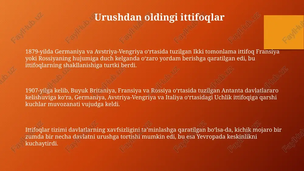 olib keldi, bu mojaroni kuchaytirdi. diplomatik muzokaralarning muvaffaqiyatsizligi va kommunikatsiya buzilishi 1914-yil iyul oyida kelishmovchiliklarni bartaraf etishga to'sqinlik qildi, bu esa yirik davlatlar o'rtasida urushga olib keldi. e'tiboringiz uchun rahmat image1.png image2.png image3.png